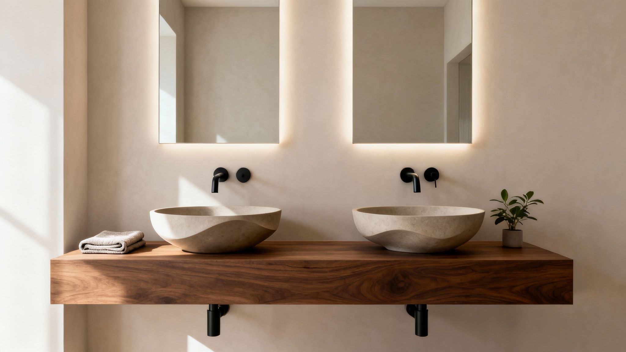 A stylish modern bathroom featuring a double vanity with stone sinks, a wooden countertop, and backlit mirrors.