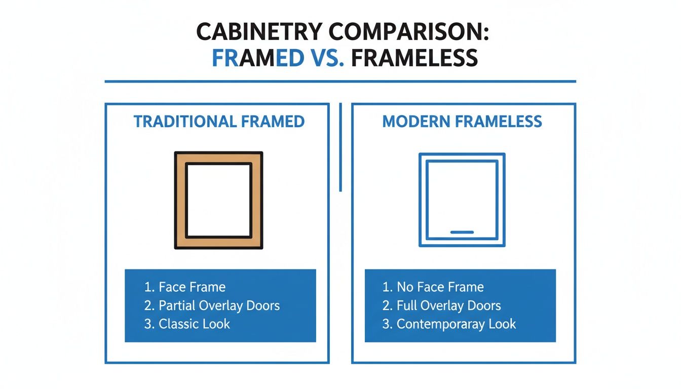 Comparison chart detailing features of traditional framed and modern frameless cabinetry, including face frames and door styles.