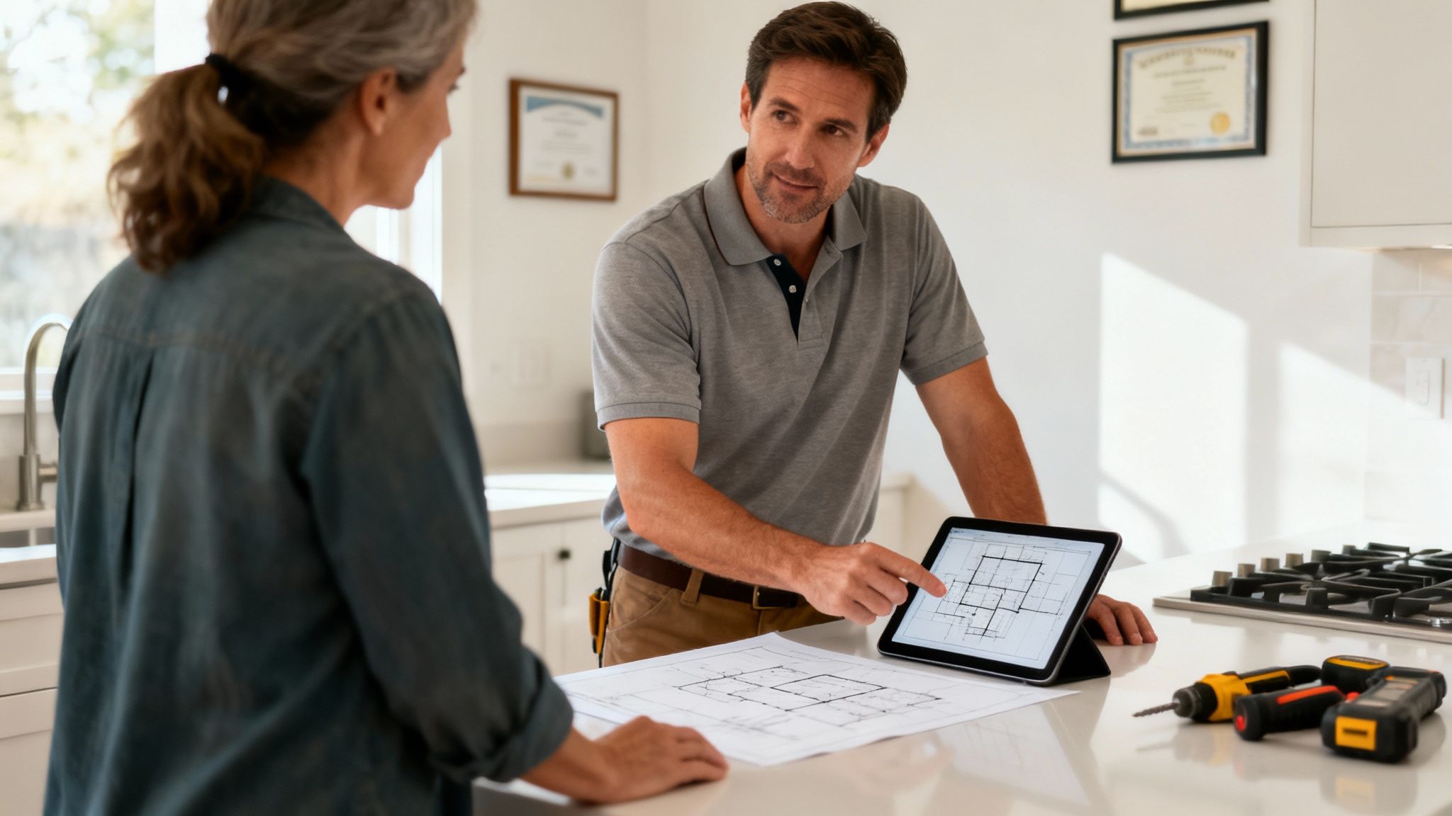 Contractor showing kitchen remodeling blueprints on a tablet to a female homeowner in a modern kitchen.