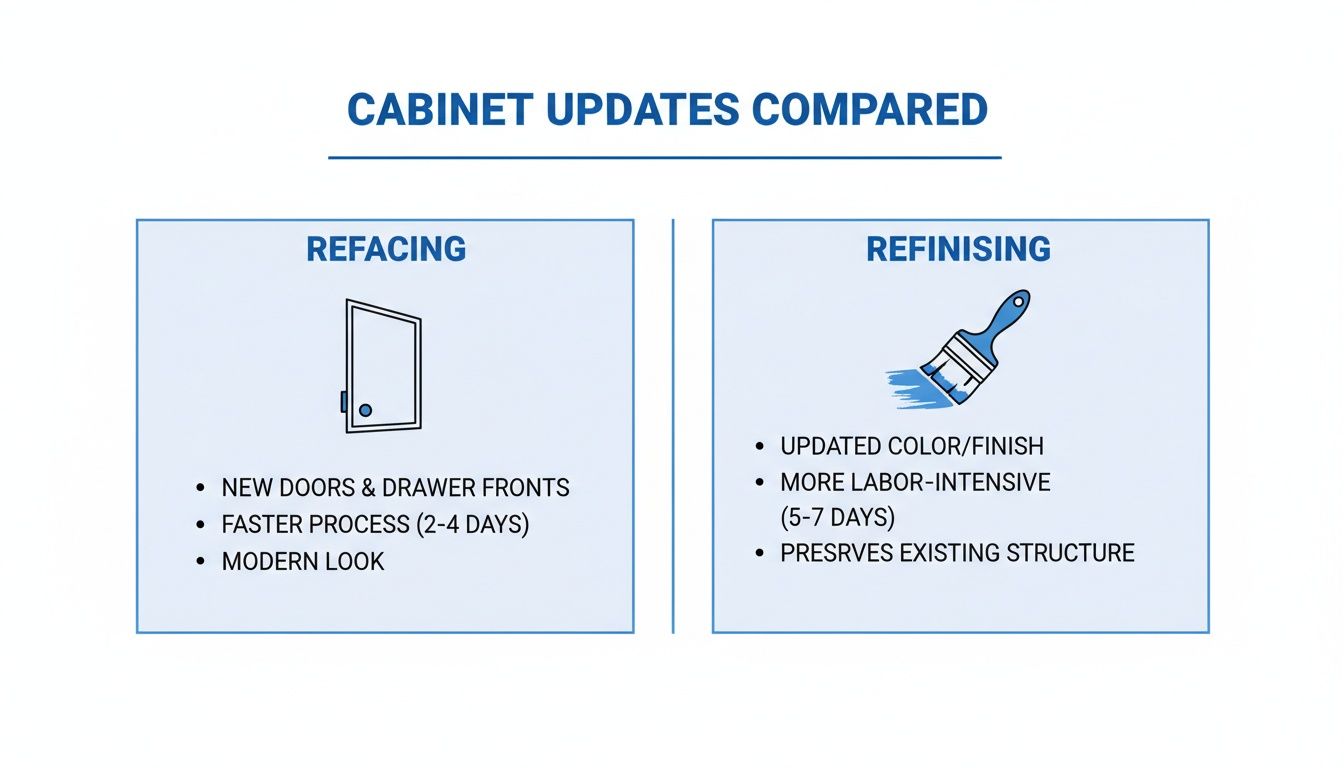 A comparison chart highlighting the differences between cabinet refacing and refinishing processes.