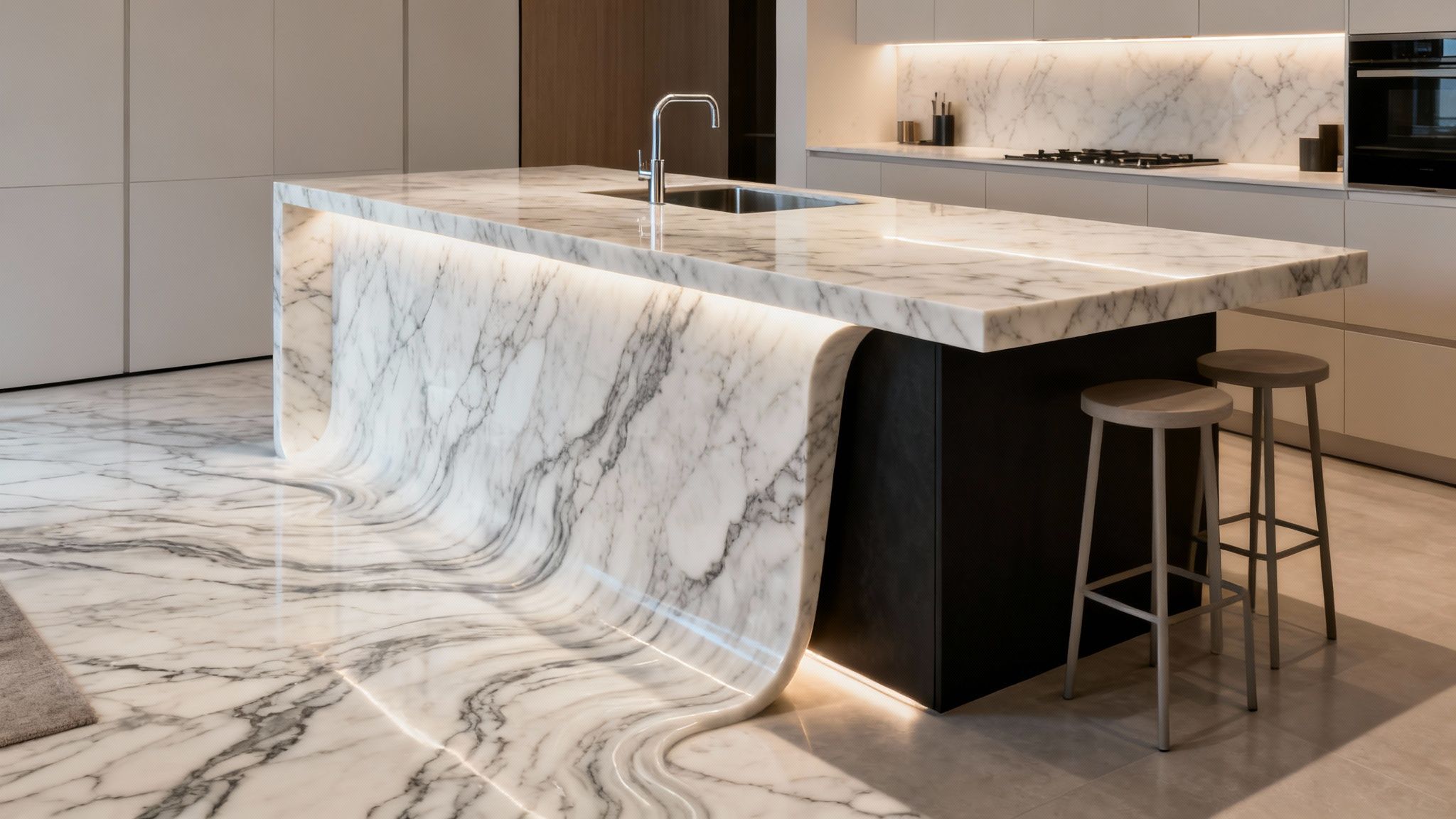 Modern kitchen with a stunning marble island featuring a unique curved design and built-in sink.