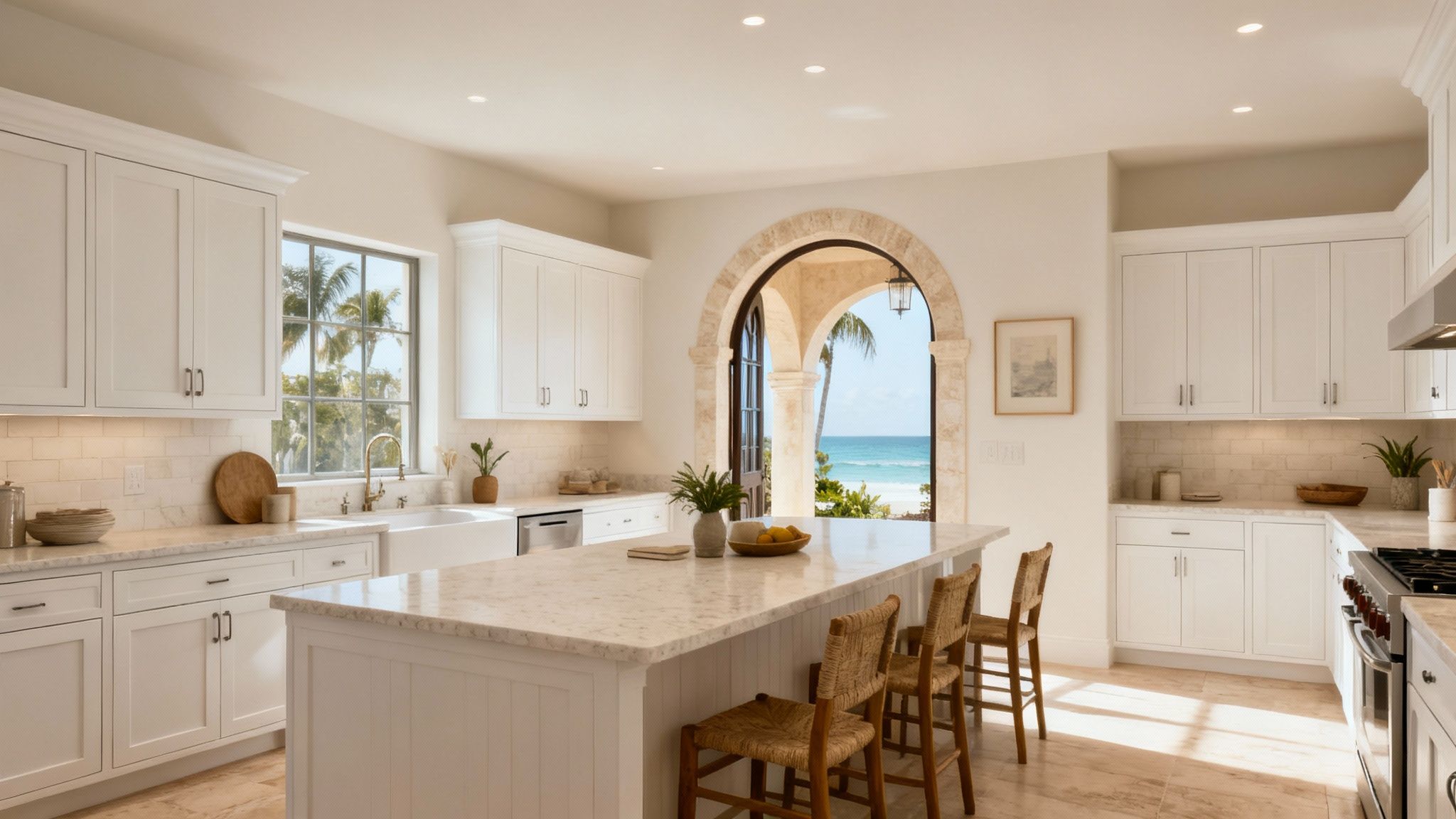 A luxurious coastal kitchen with white shaker cabinets, marble countertops, and an ocean view.