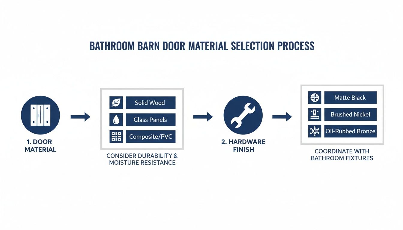 Infographic detailing bathroom barn door material and hardware finish selection process.