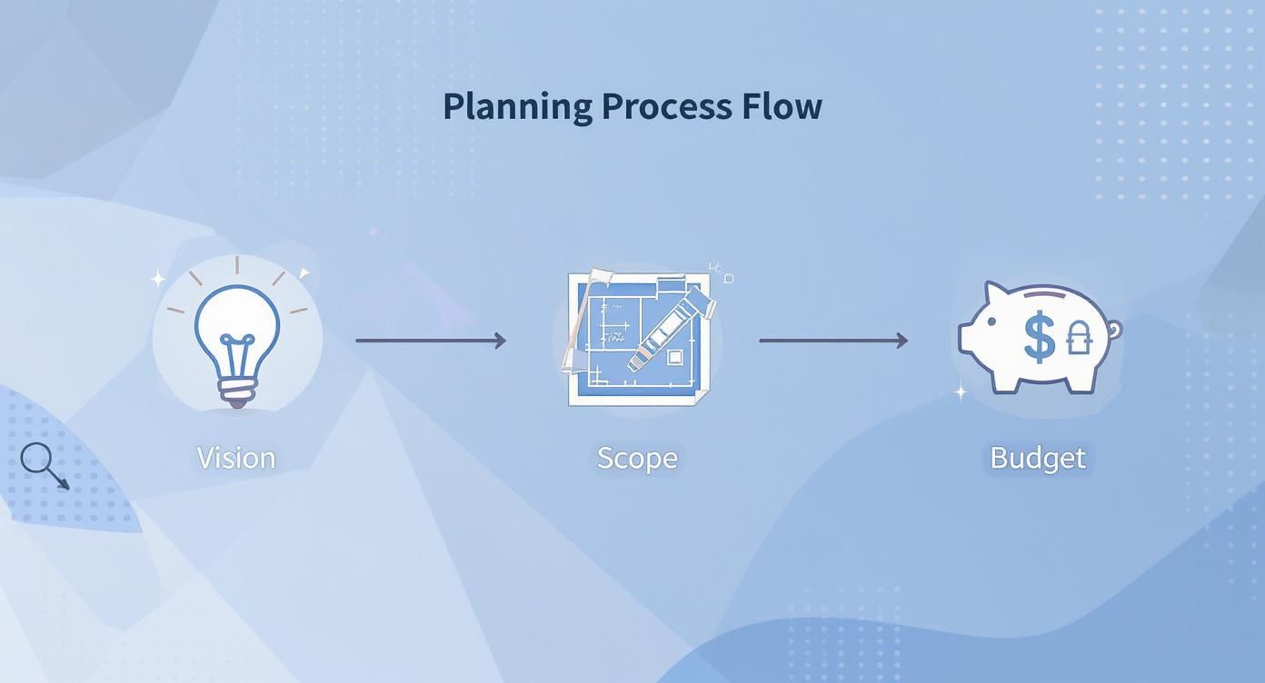Planning process flow chart depicting vision (lightbulb), scope (blueprints), and budget (piggy bank) in sequence.