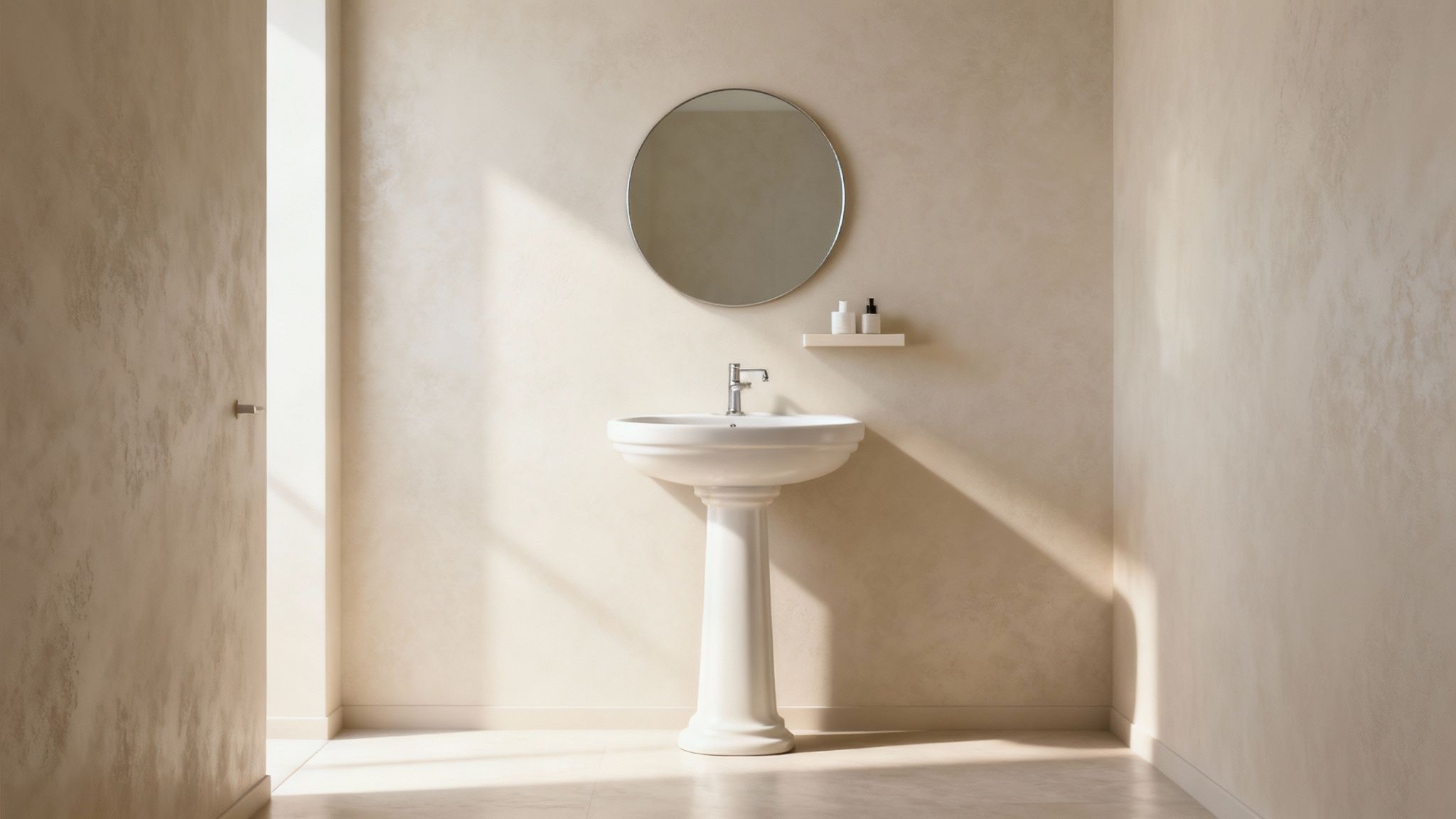 A bright minimalist bathroom featuring a white pedestal sink, a round mirror, and a small shelf.