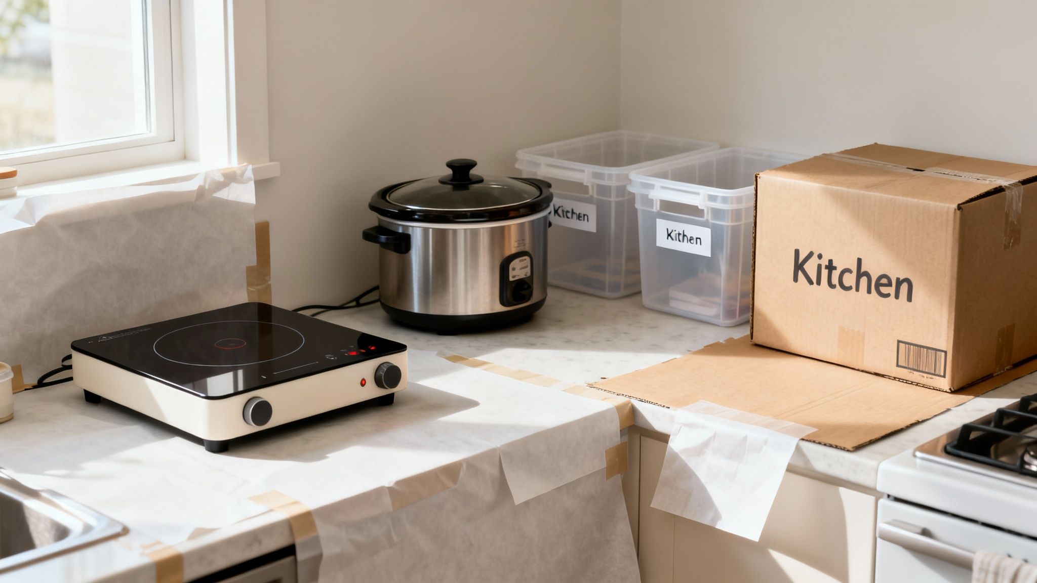 A kitchen counter with a slow cooker, induction cooktop, and moving boxes during a move.