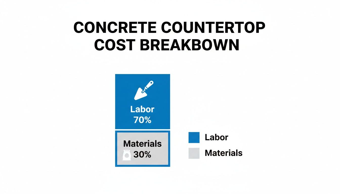 Concrete countertop cost breakdown chart showing 70% labor and 30% materials.