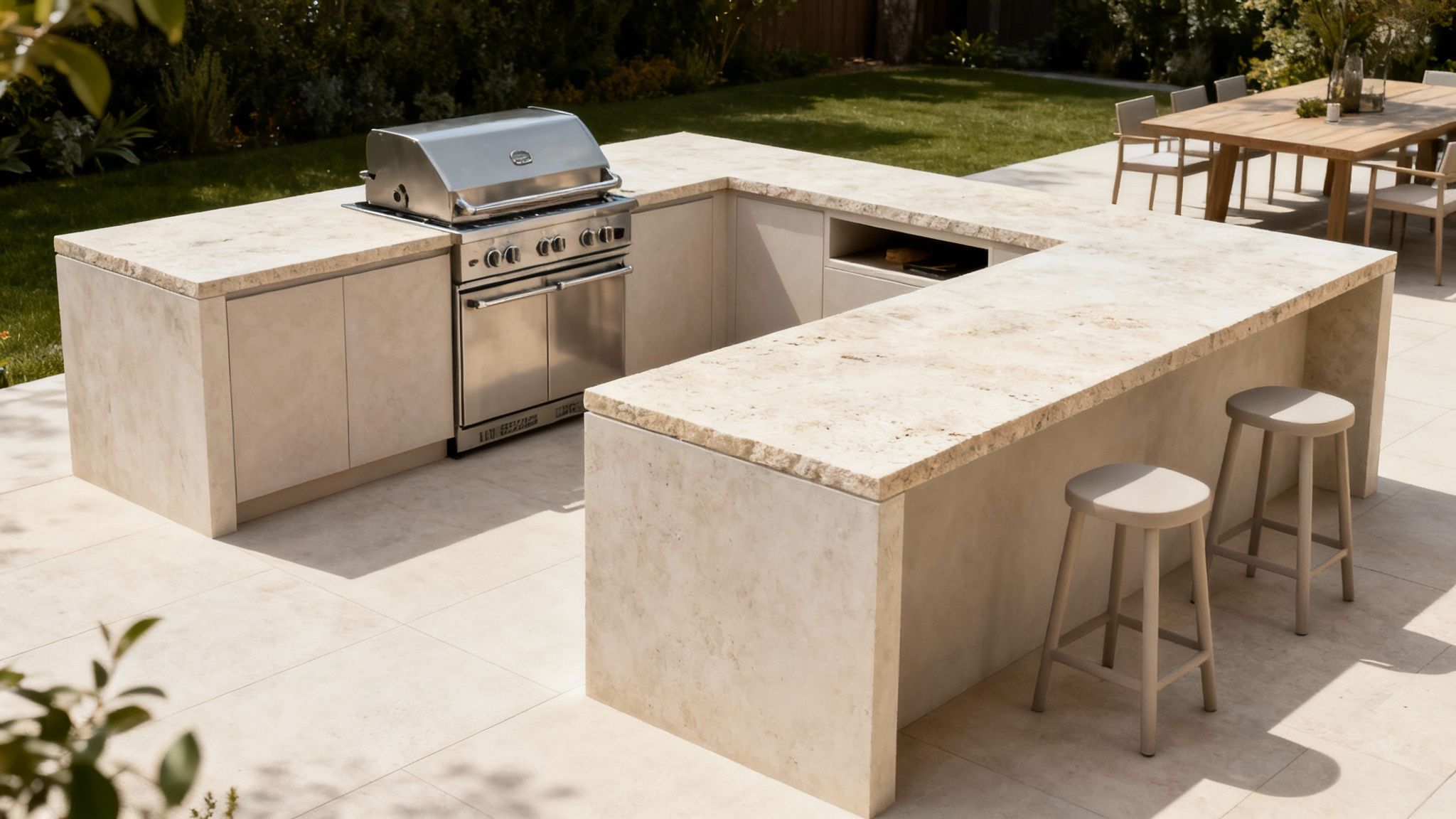 An elegant U-shaped outdoor kitchen featuring stone countertops, a built-in grill, and bar stools on a sunny patio.
