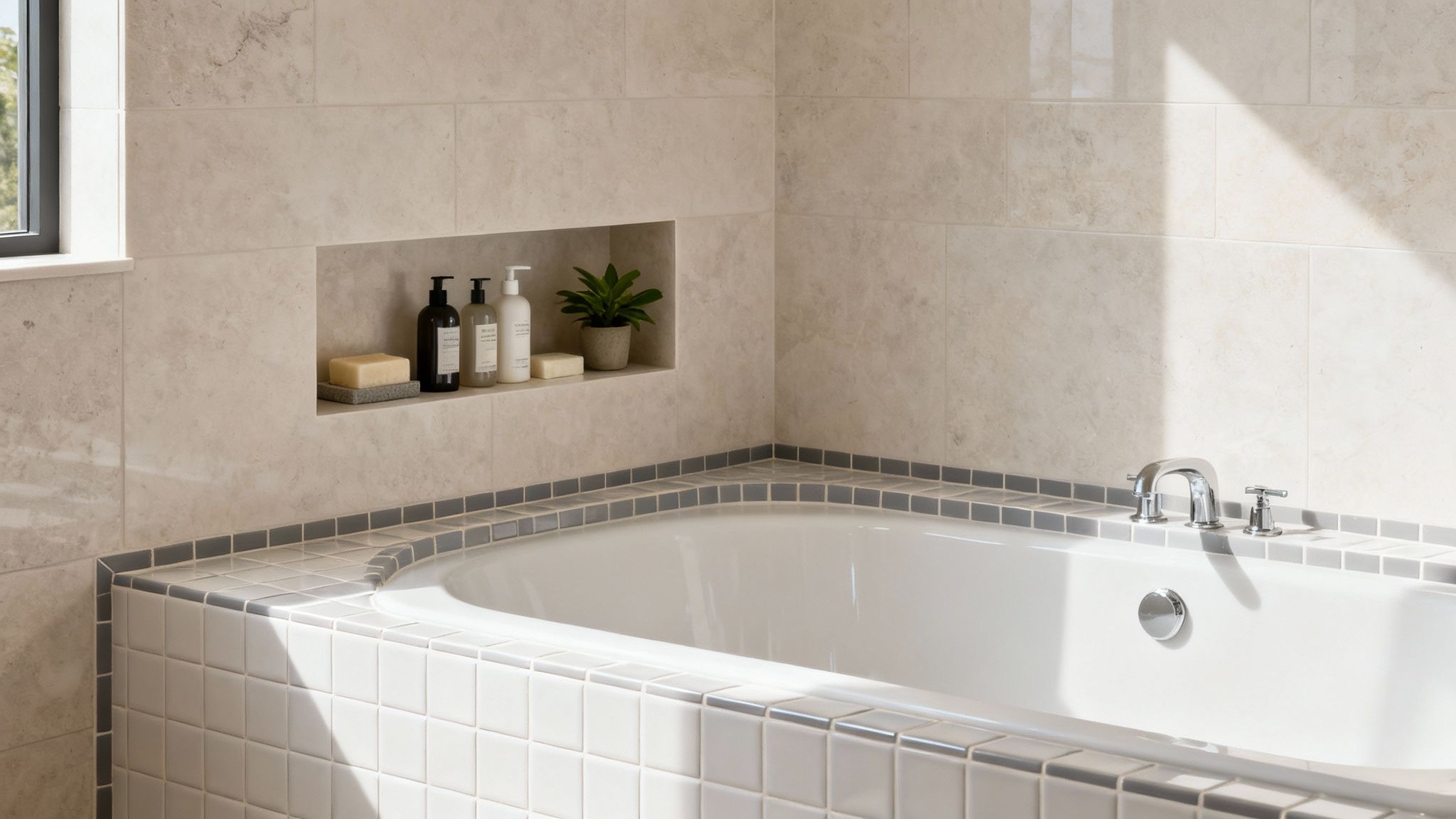 A bright bathroom showcasing a built-in corner bathtub with a tiled surround and a recessed niche.