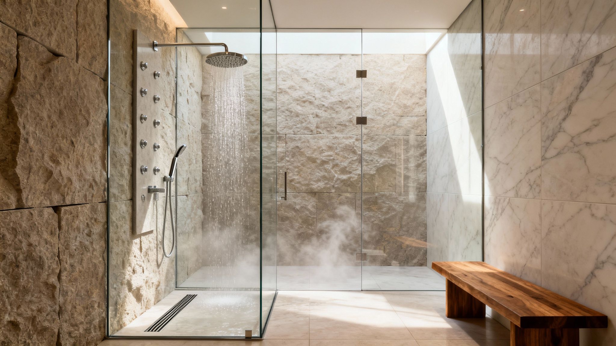 Luxurious walk-in shower with natural stone walls, rainfall head, body jets, and a wooden bench.