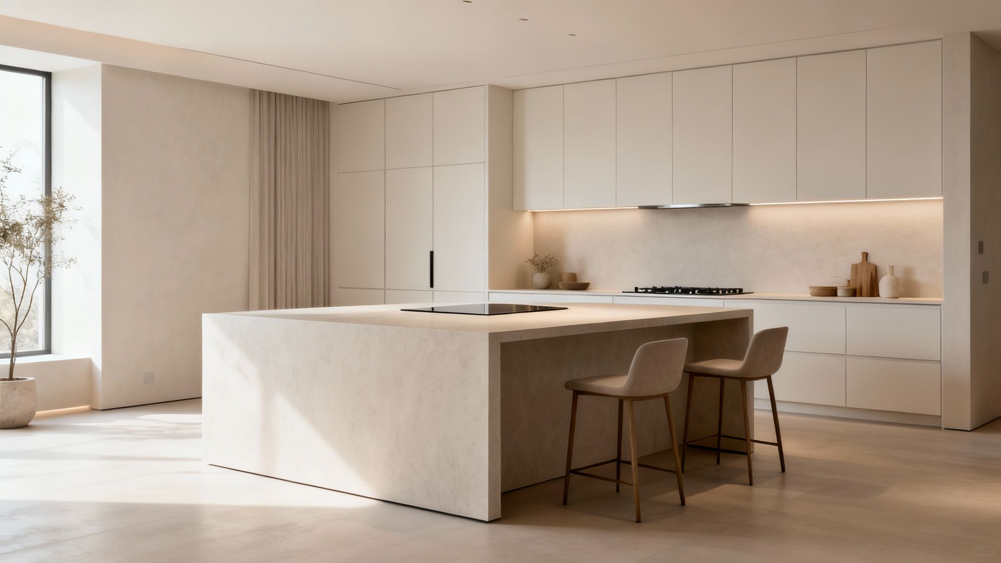 Minimalist, light-filled kitchen with a large island, bar stools, built-in appliances, and a window with a plant.