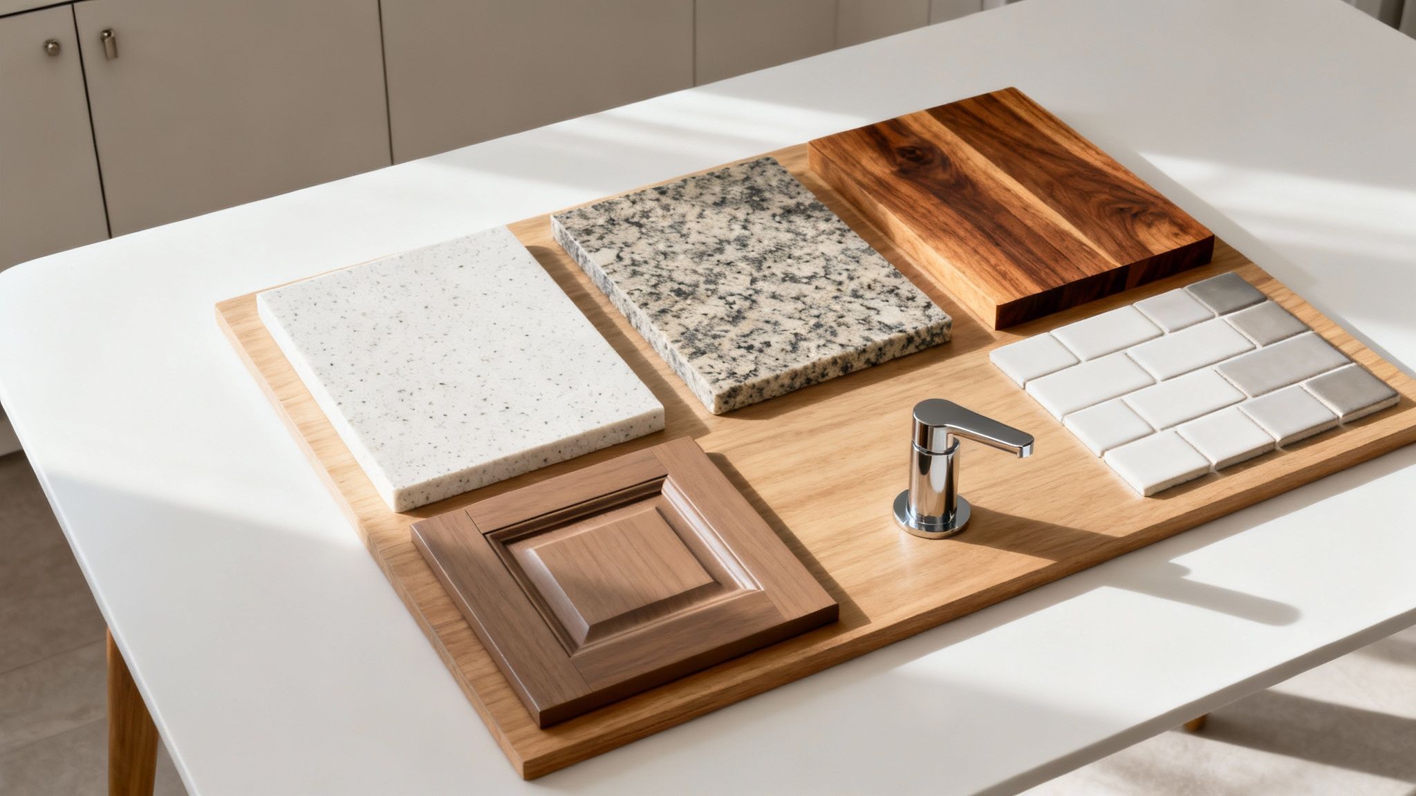 Kitchen remodel material samples on a wooden board: granite, quartz, wood, tiles, and soap dispenser.