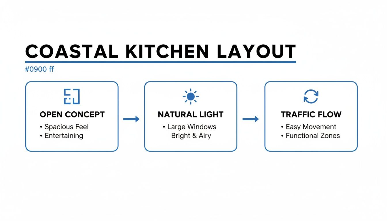 Diagram illustrating coastal kitchen layout principles: open concept, natural light, and efficient traffic flow.
