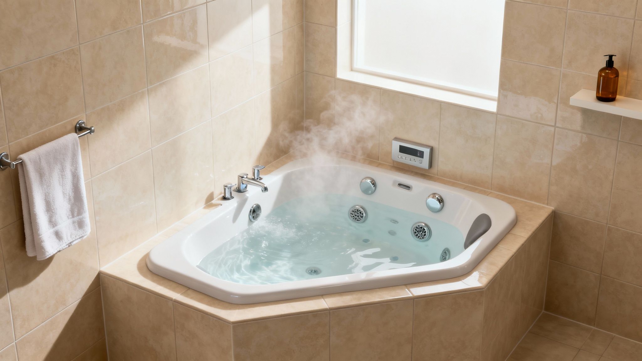 An inviting corner jacuzzi bathtub filled with steaming water, surrounded by beige tiles.