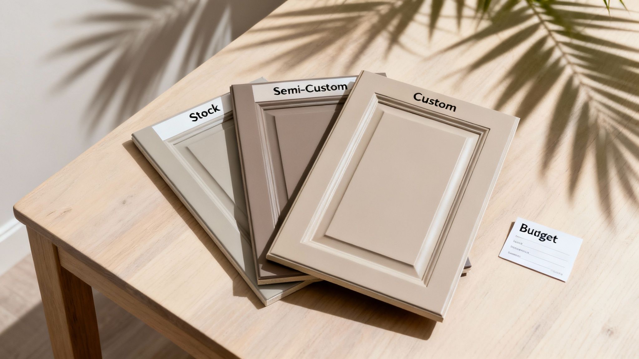 Three kitchen cabinet door samples, labeled Stock, Semi-Custom, and Custom, on a light wood table.