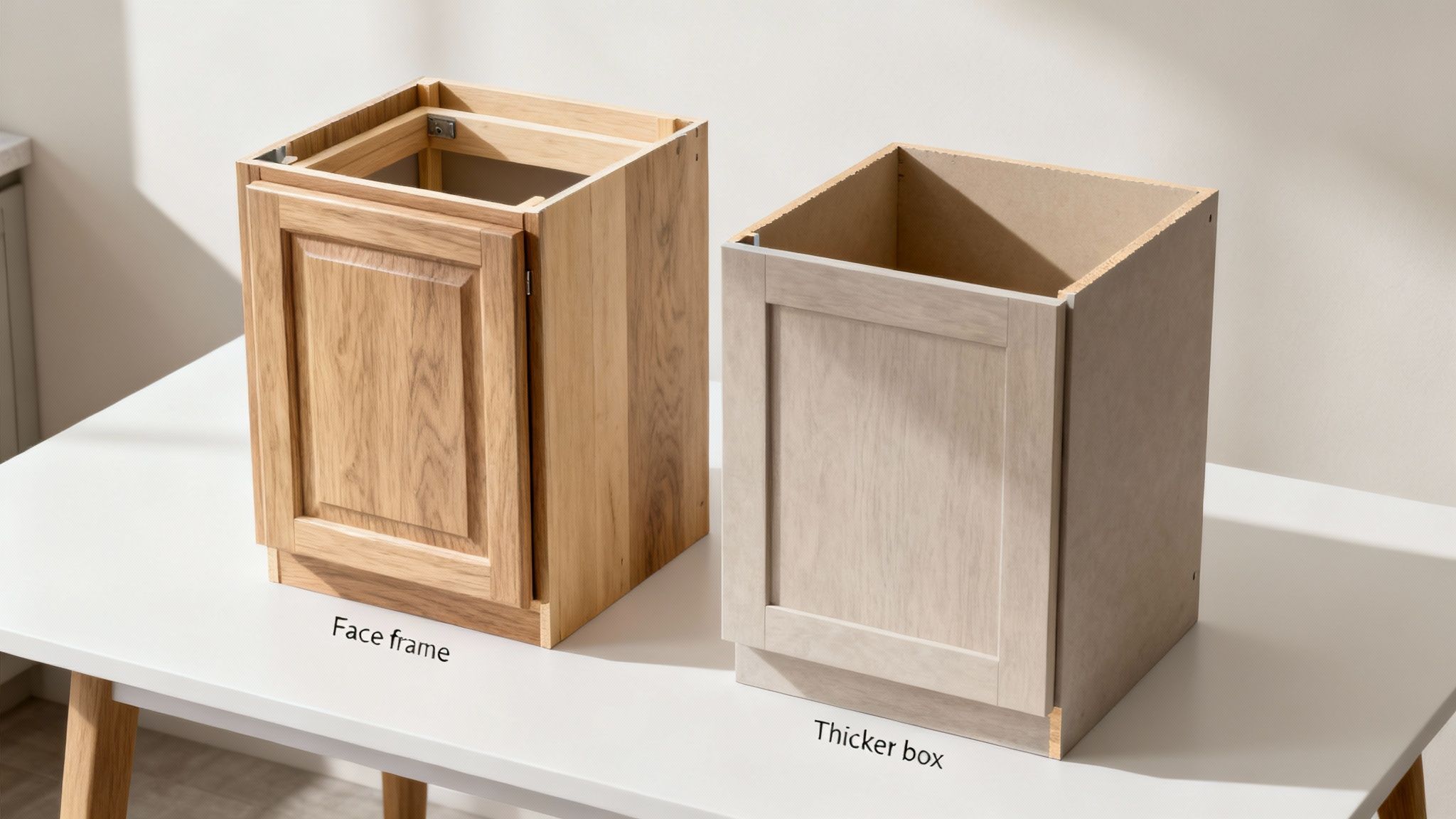 Comparison of framed light wood cabinet and frameless light grey cabinet constructions.