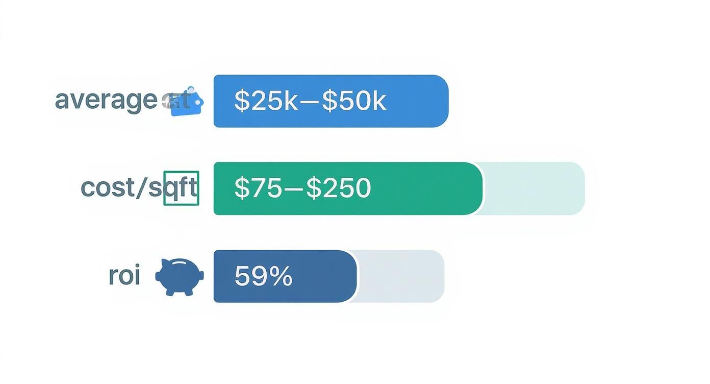 A graphic showing average cost $25k-$50k, cost per square foot $75-$250, and ROI 59%.