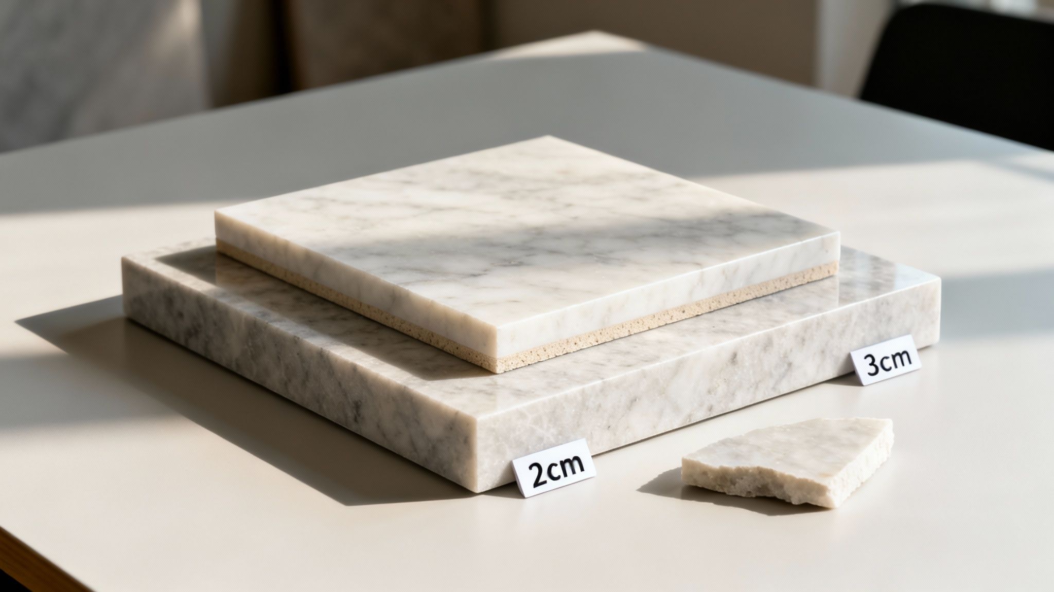 Two stacked marble slabs, one 2cm and one 3cm thick, with a broken piece.