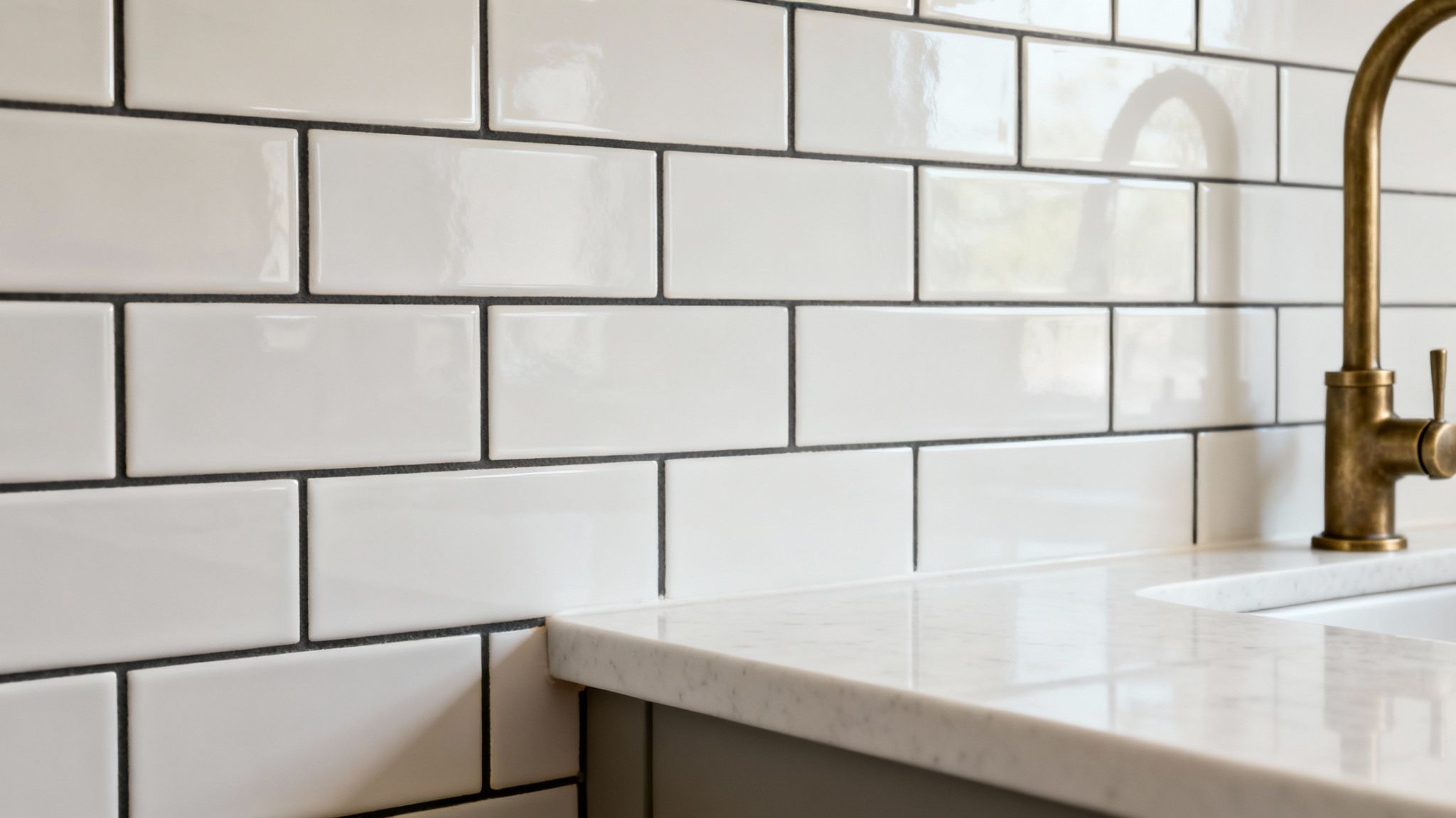 A close-up of a kitchen with white subway tile backsplash, marble countertop, and brass faucet.