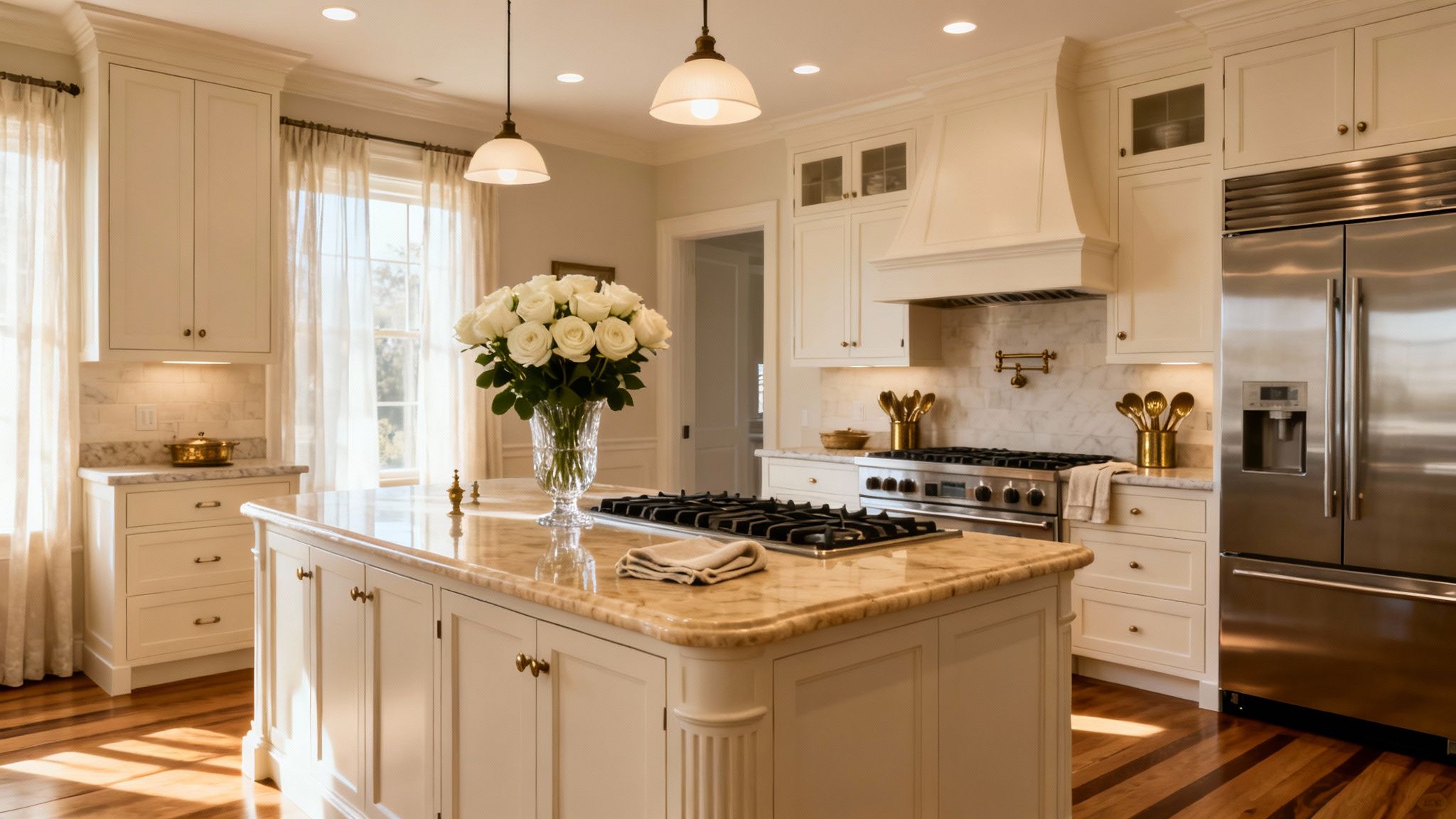 A beautiful, bright luxury kitchen featuring white cabinets, marble countertops, a large island, and stainless steel appliances.