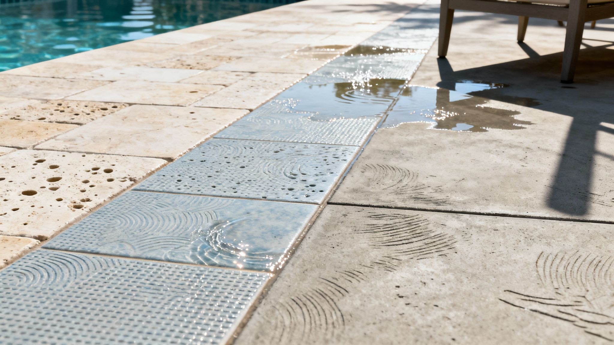 Close-up of a poolside area featuring light stone, textured blue-grey tiles, and concrete with water puddles.