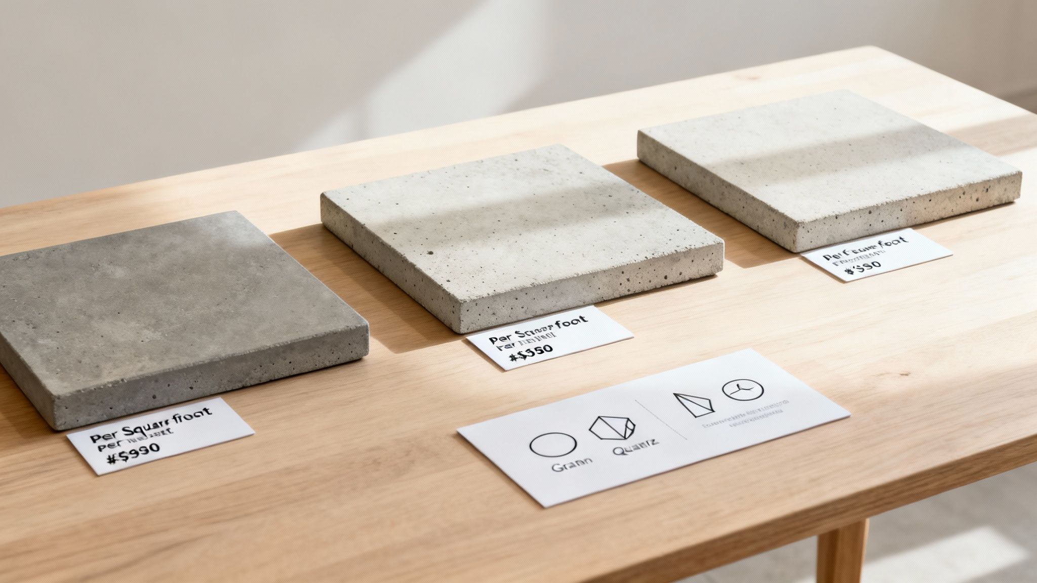 Three square concrete samples on a light wooden table displaying different prices.