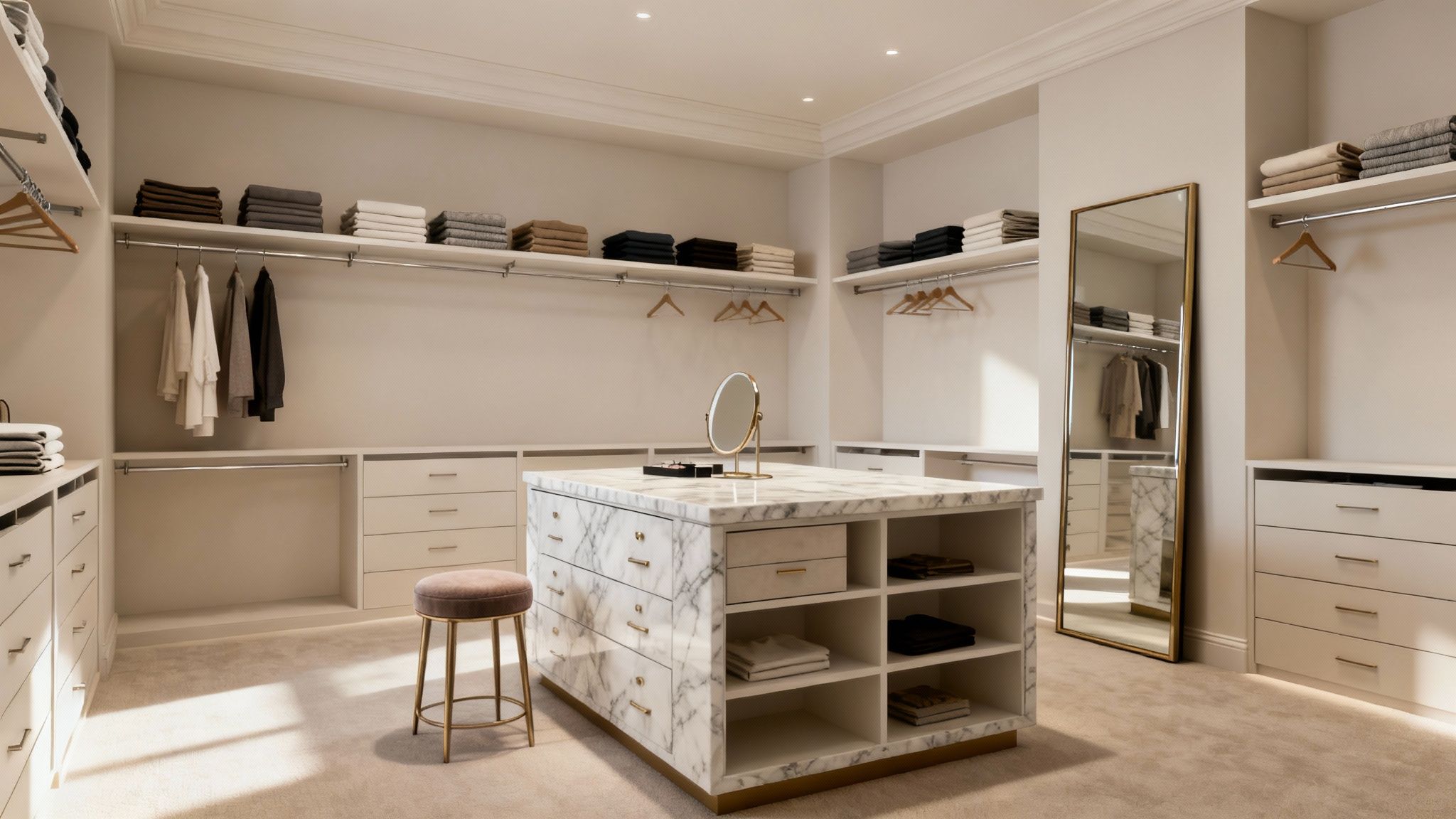 Luxurious walk-in closet with marble island, organized shelving, and elegant gold-framed mirror
