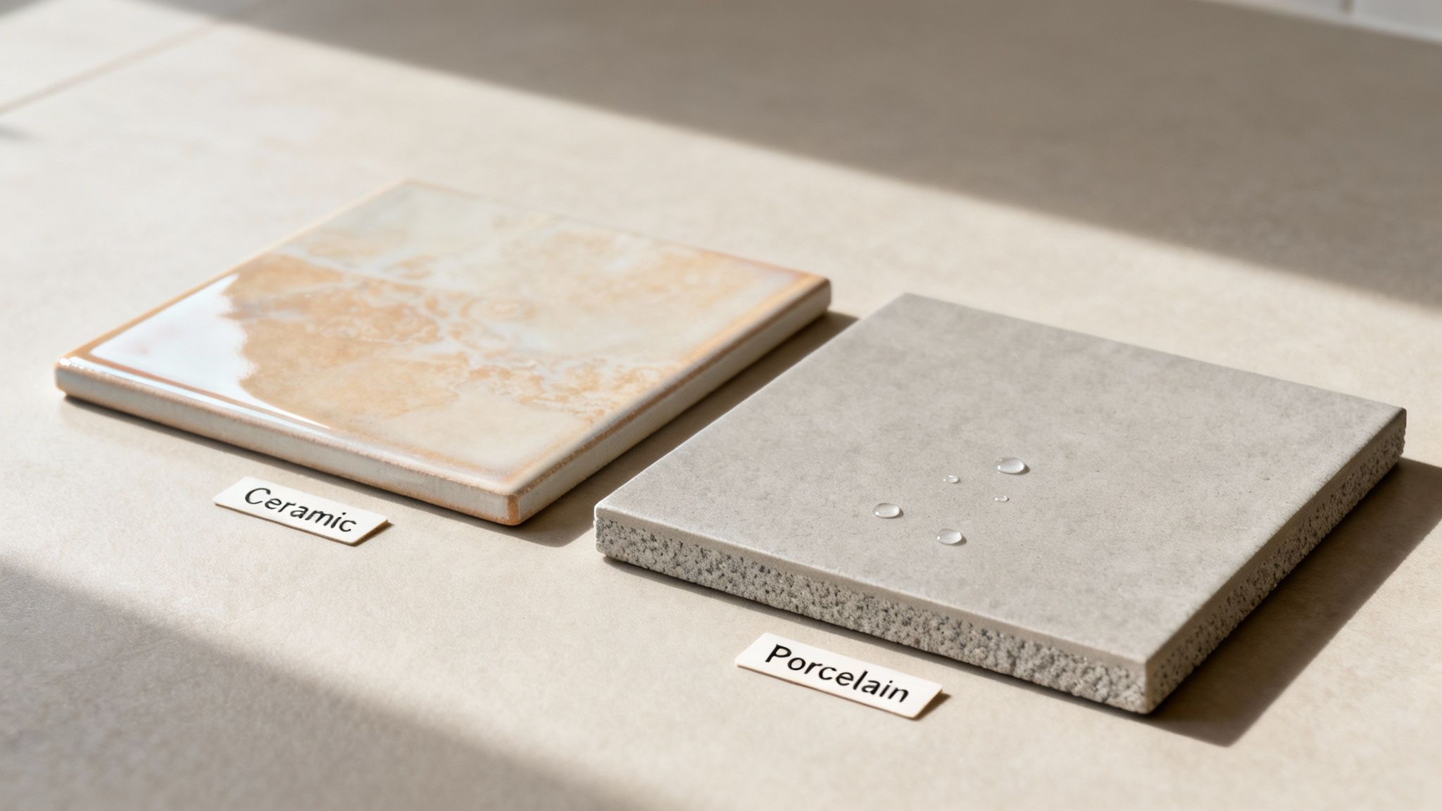 An elegant bathroom with a mix of ceramic and porcelain tiles.