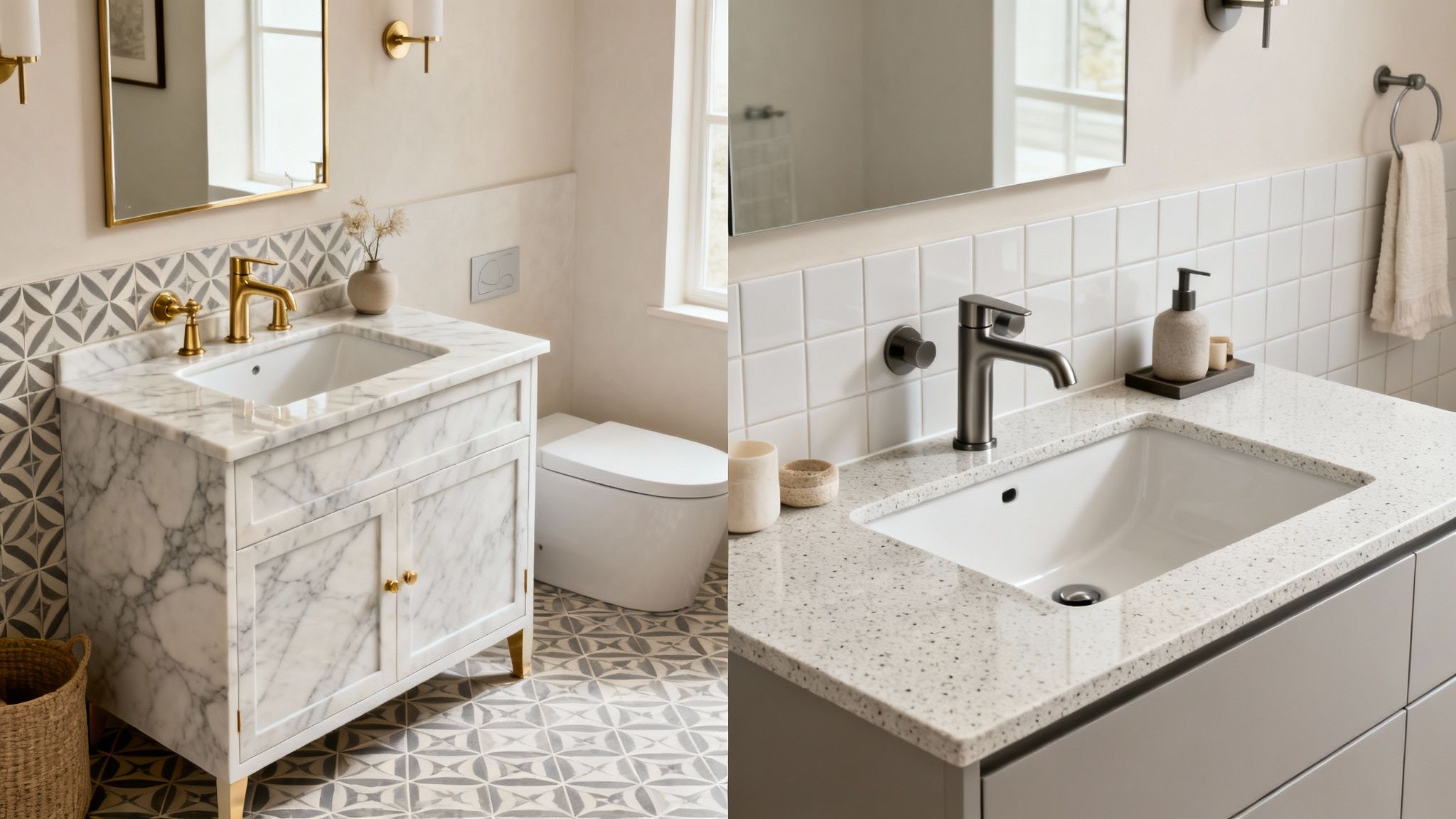 Two modern bathrooms with contrasting vanities, faucets, and tile designs, offering remodeling inspiration.