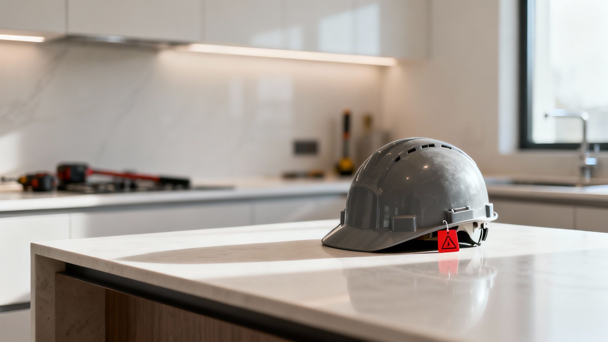 A grey hard hat with a red warning tag rests on a modern kitchen countertop, with blurred tools in the background.
