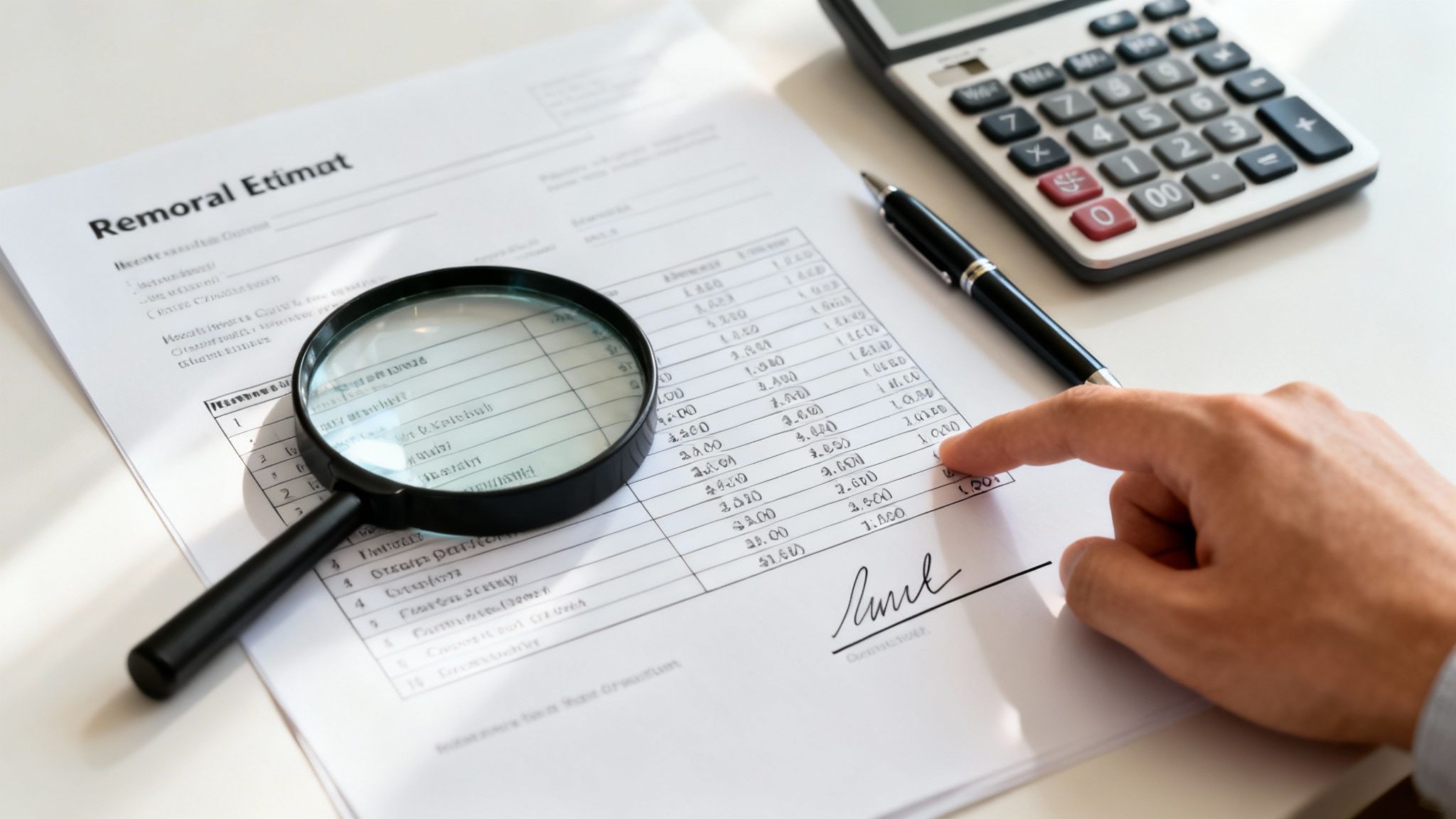 A person reviews a cost estimate document using a magnifying glass, calculator, and pen.
