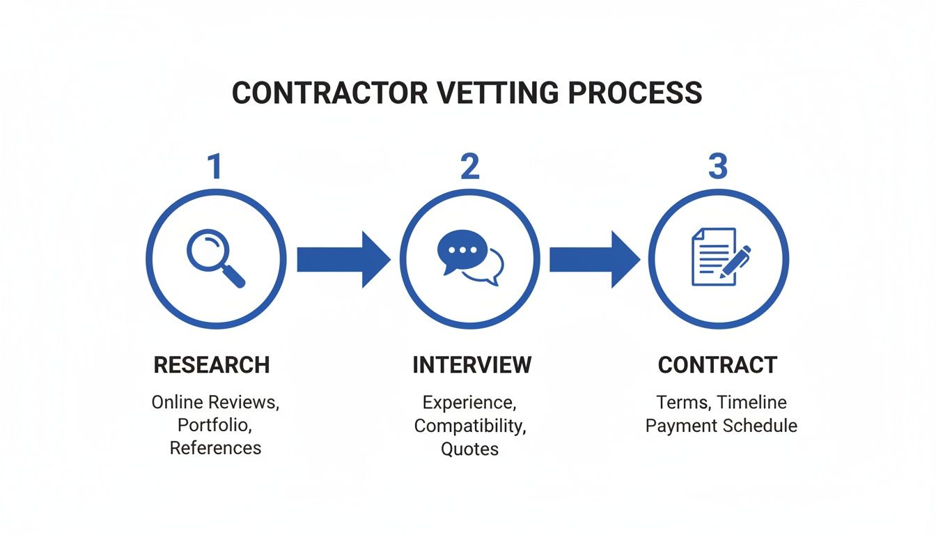 A three-step contractor vetting process diagram showing research, interview, and contract phases with details.