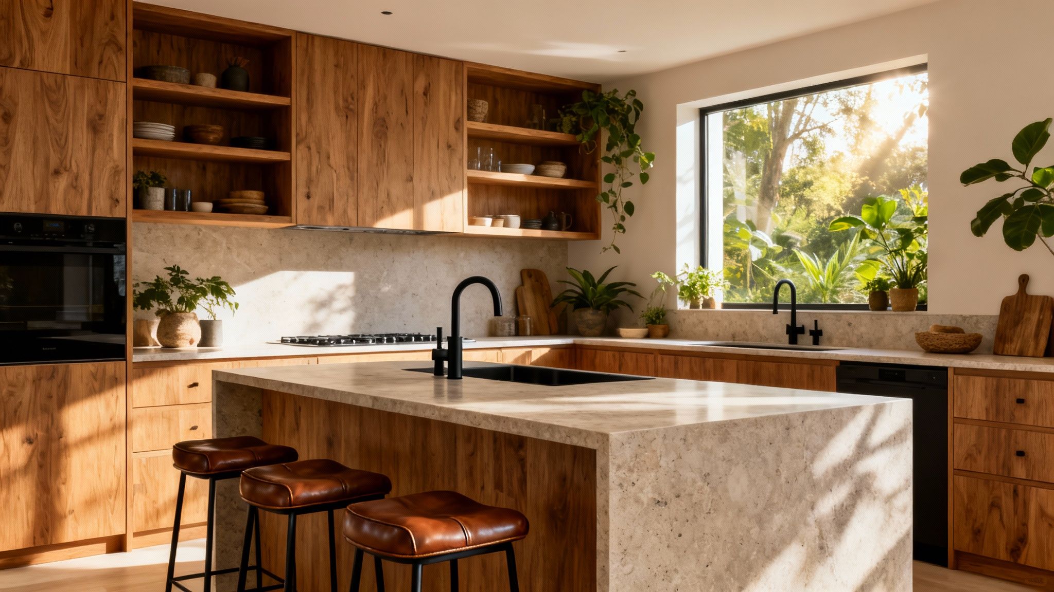 A warm, modern kitchen featuring wooden cabinetry, a stone island, and lush green plants with sunlight streaming through a large window.