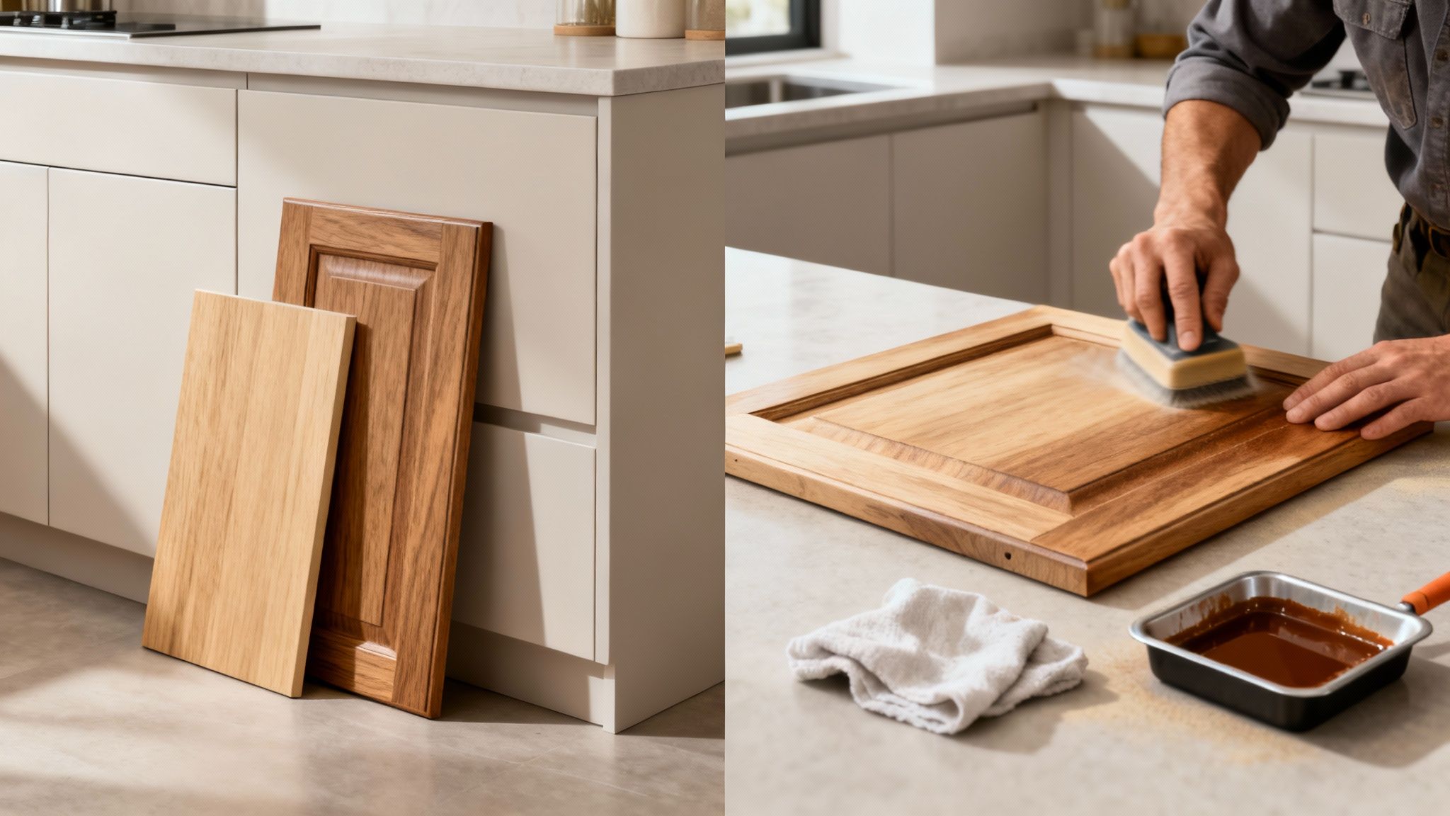 Two wooden cabinet doors, one being stained, illustrating the refinishing process.