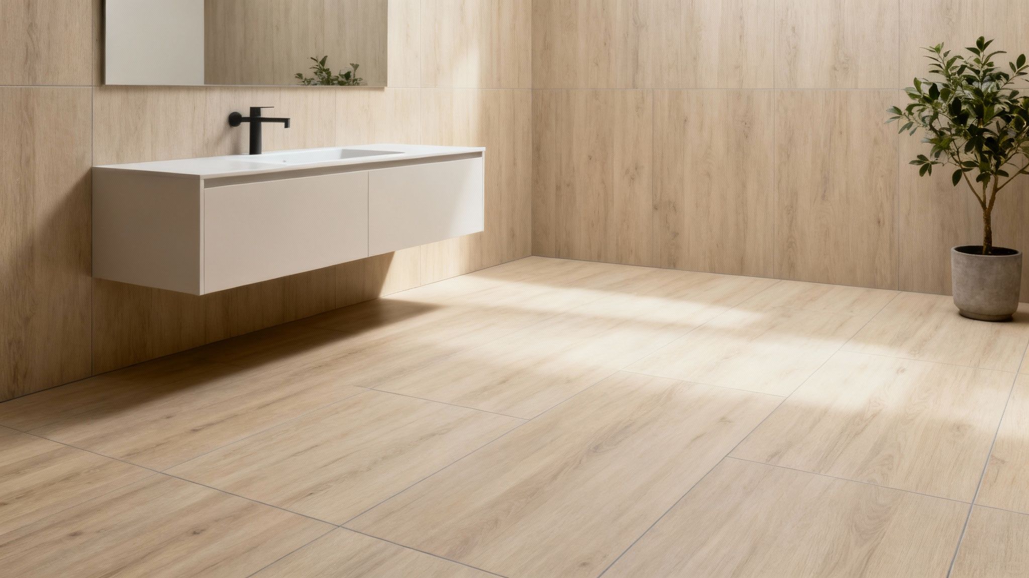Modern bathroom featuring large-format porcelain tiles on the floor and walls.