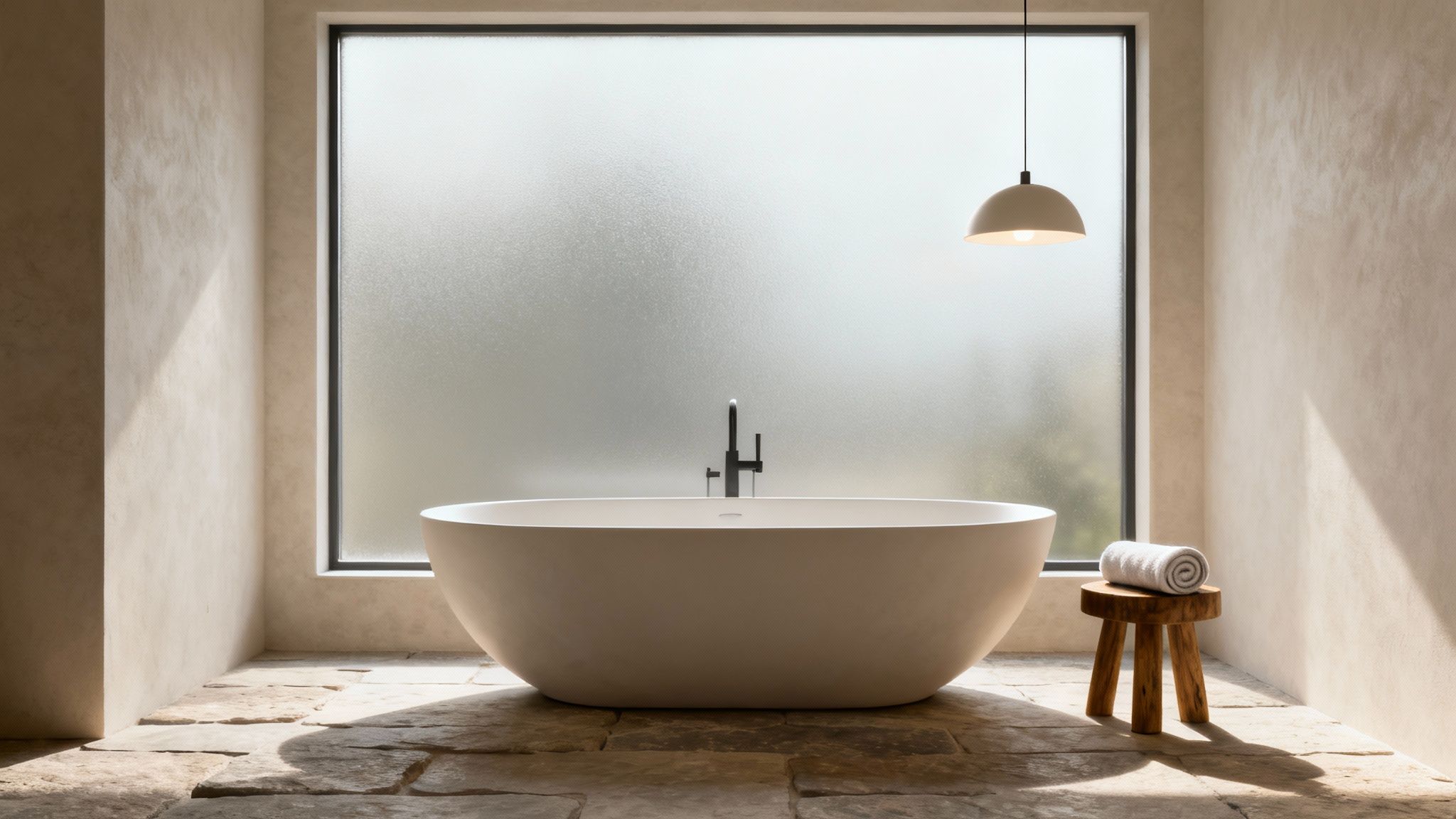 A minimalist master bathroom featuring a white freestanding tub, large frosted window, and stone floor.