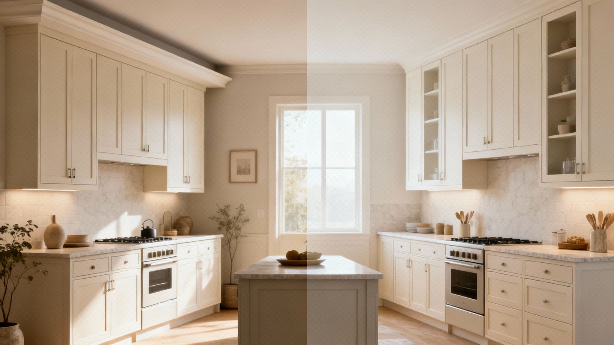 A bright, modern kitchen with cream cabinets, marble countertops, stainless steel appliances, and a central island.