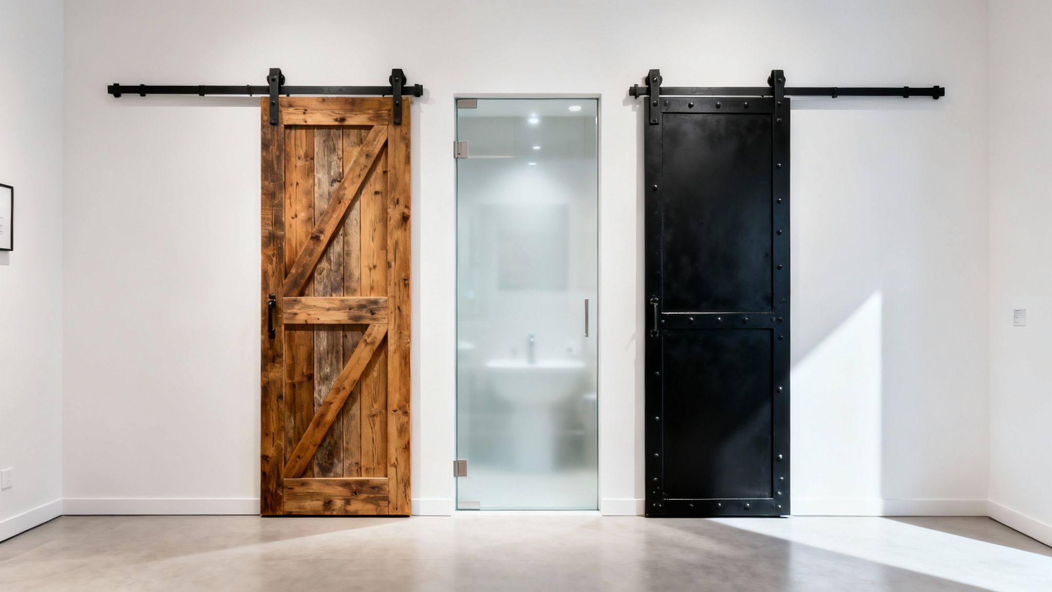 Three contemporary sliding doors: a rustic wood barn door, a frosted glass door, and a black metal door.