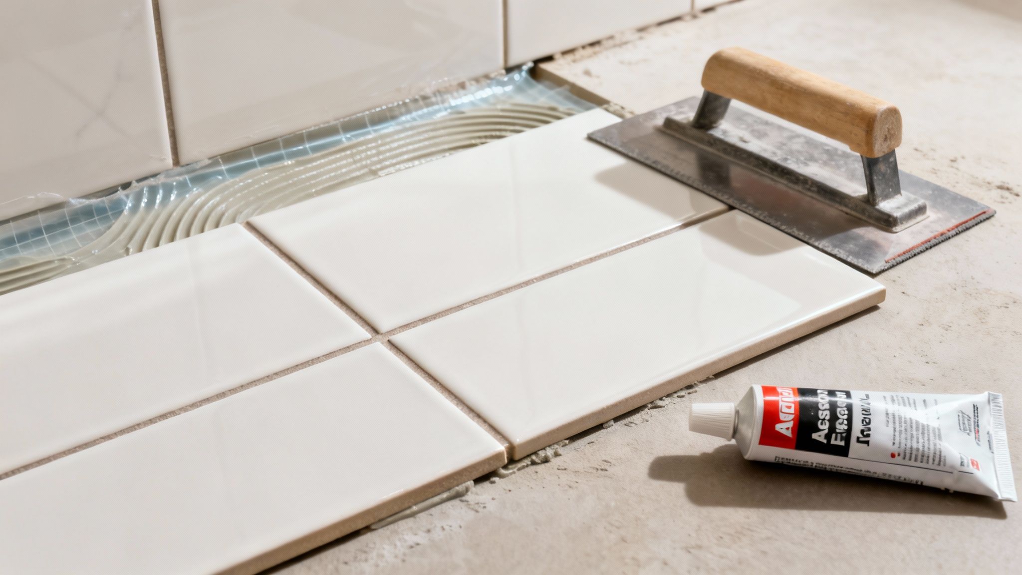 Close-up of new light-colored rectangular tiles being installed on a surface with adhesive and a trowel.