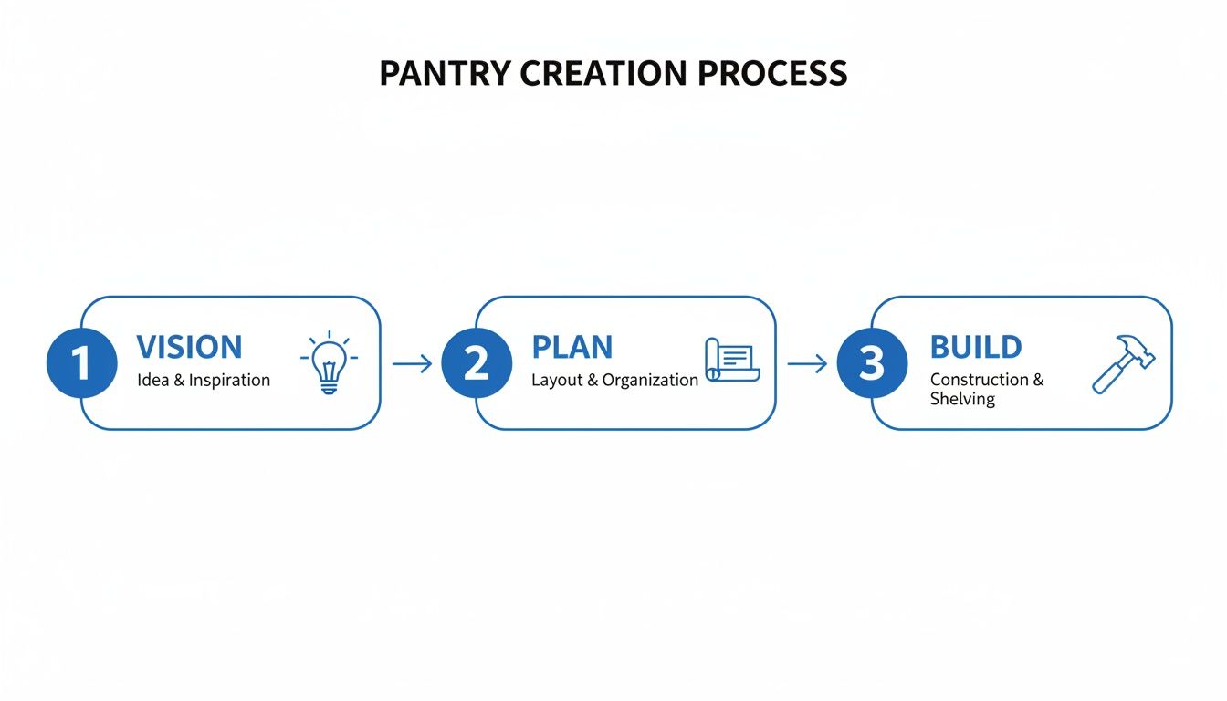 A three-step infographic illustrating the pantry creation process: Vision, Plan, and Build.