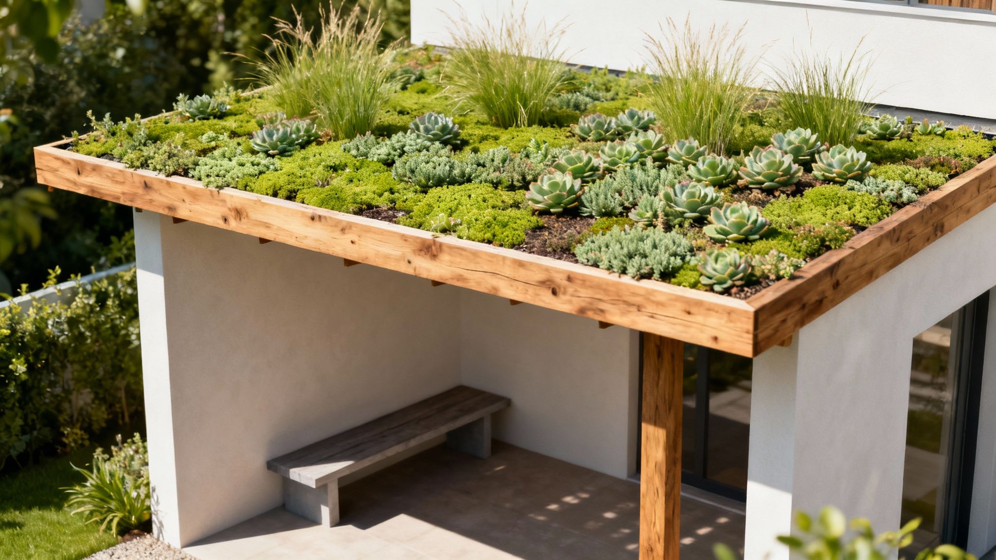 Modern covered patio with living green roof featuring succulents, grasses, and mosses on wooden frame structure