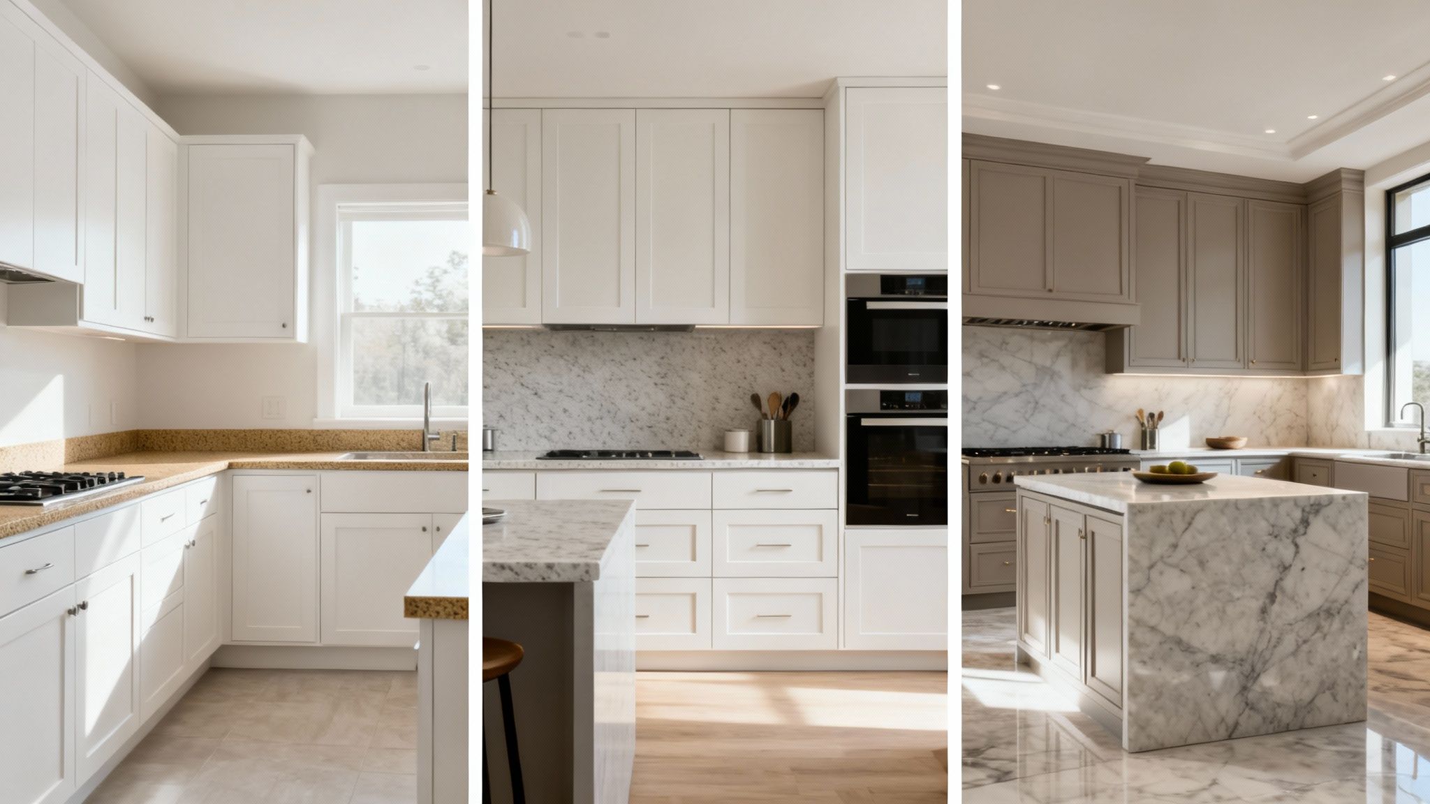 Three distinct modern kitchen designs featuring white, greige cabinets, marble, and granite countertops.