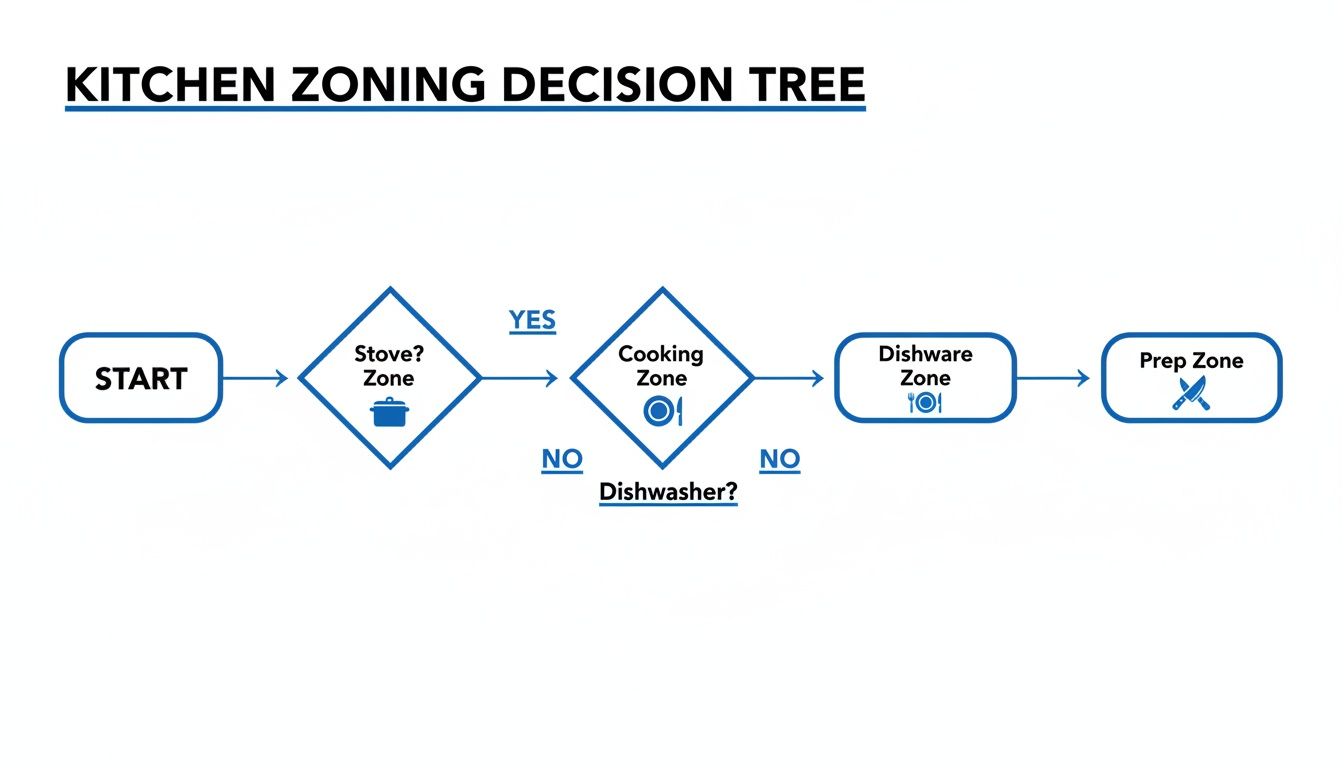 A kitchen zoning decision tree flowchart illustrating the optimal layout for various kitchen areas.