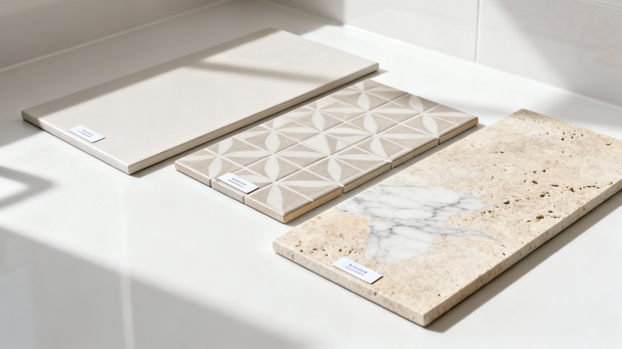 Three material samples: plain tile, patterned mosaic, and mixed marble/travertine stone, for interior design.