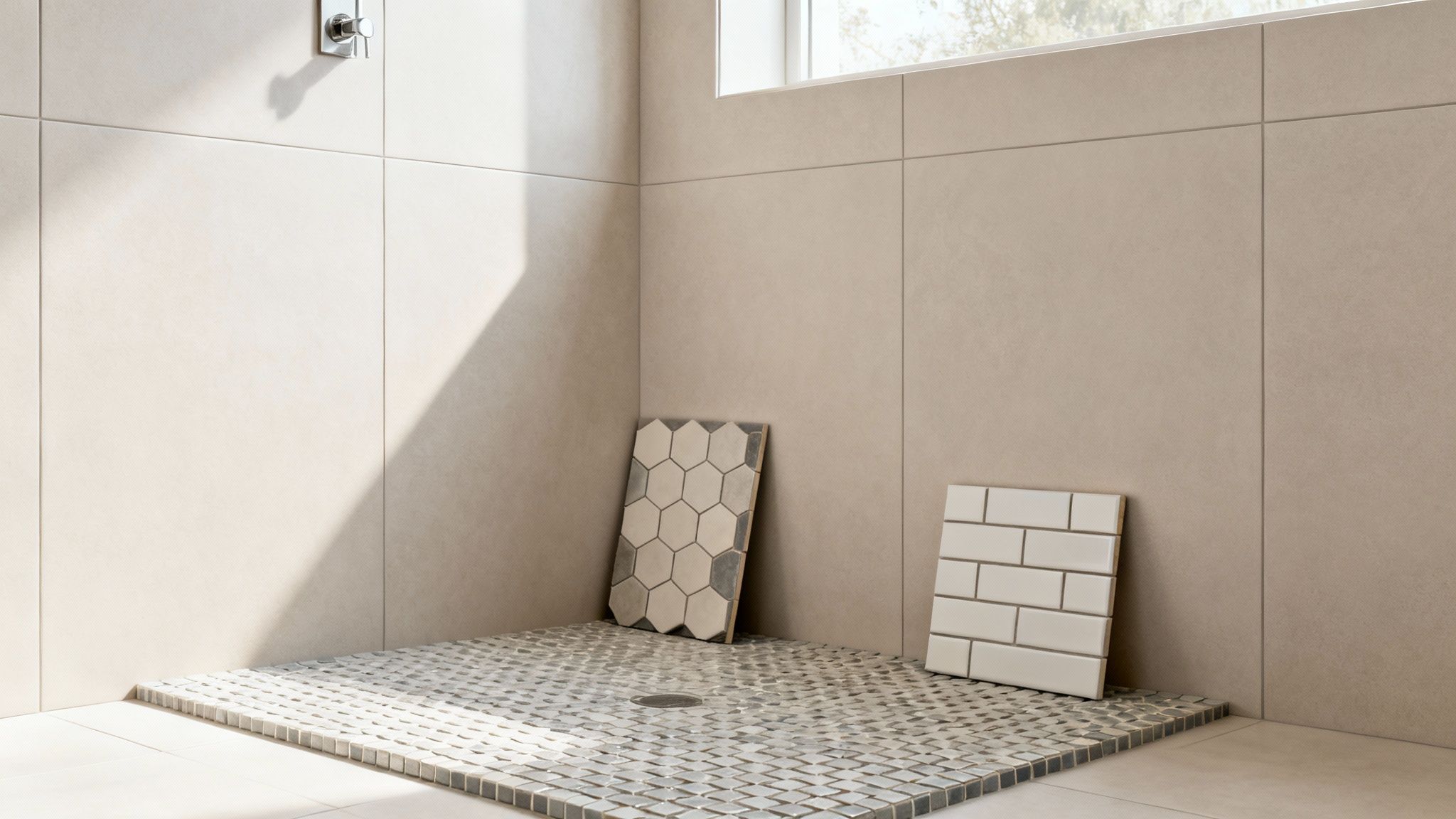 Modern shower renovation in progress, featuring large beige wall tiles, mosaic floor, and diverse tile samples.