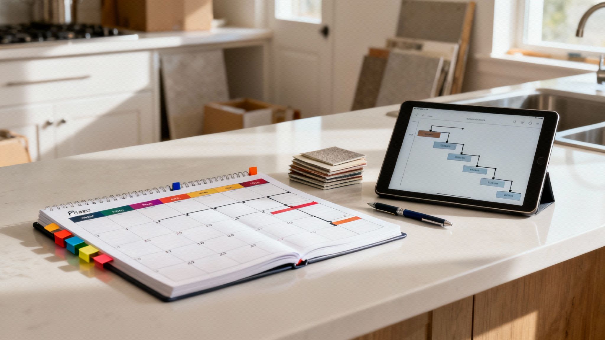 A planner, tablet displaying a flowchart, and material samples on a kitchen counter, showcasing renovation planning.