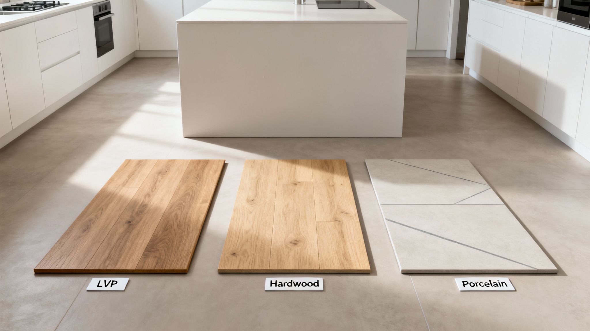 Three flooring samples (LVP, hardwood, porcelain) presented in a modern kitchen, illuminated by natural sunlight.