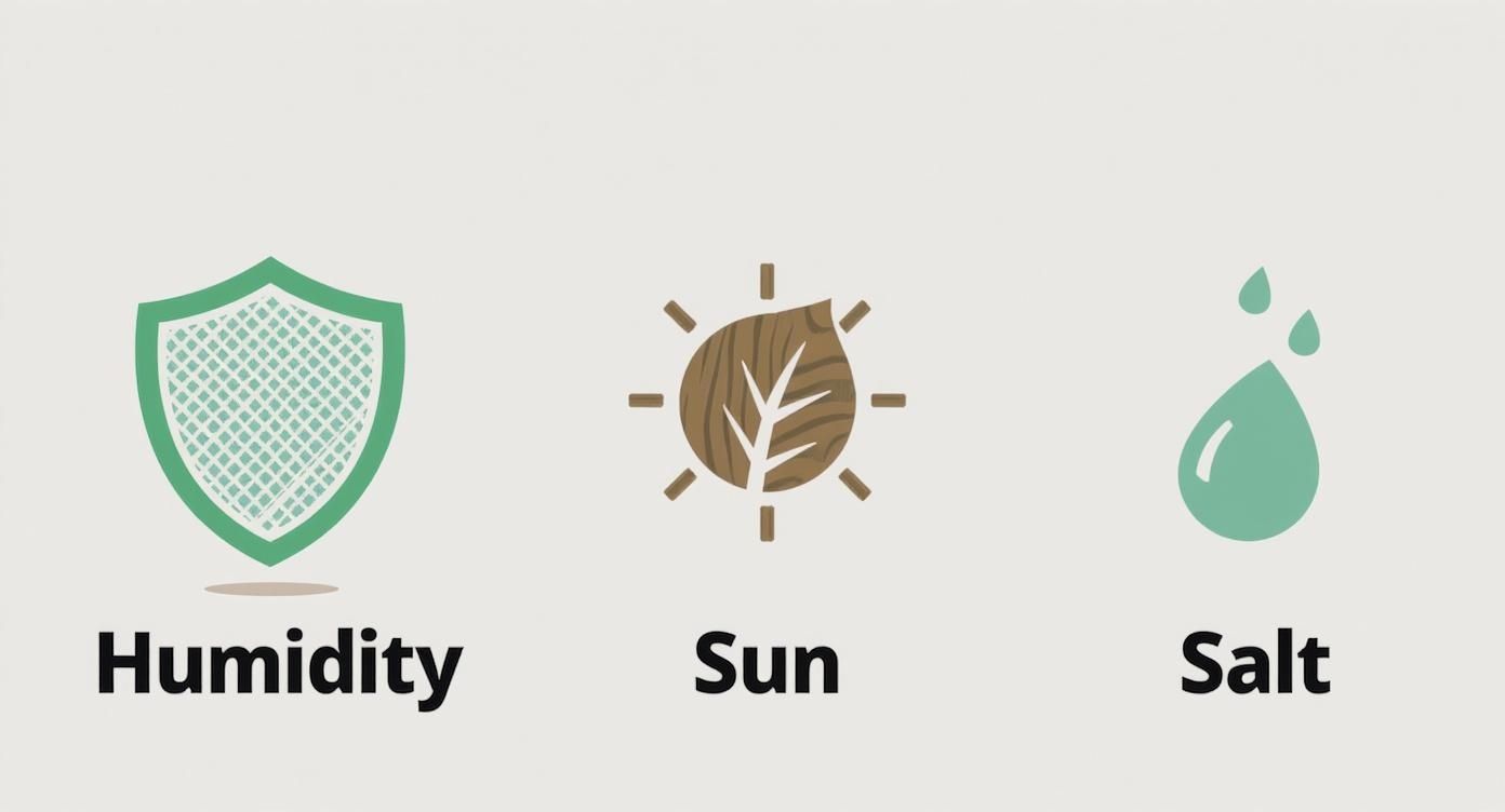 Three environmental resistance icons showing humidity protection shield, sun exposure with leaf, and salt water droplet
