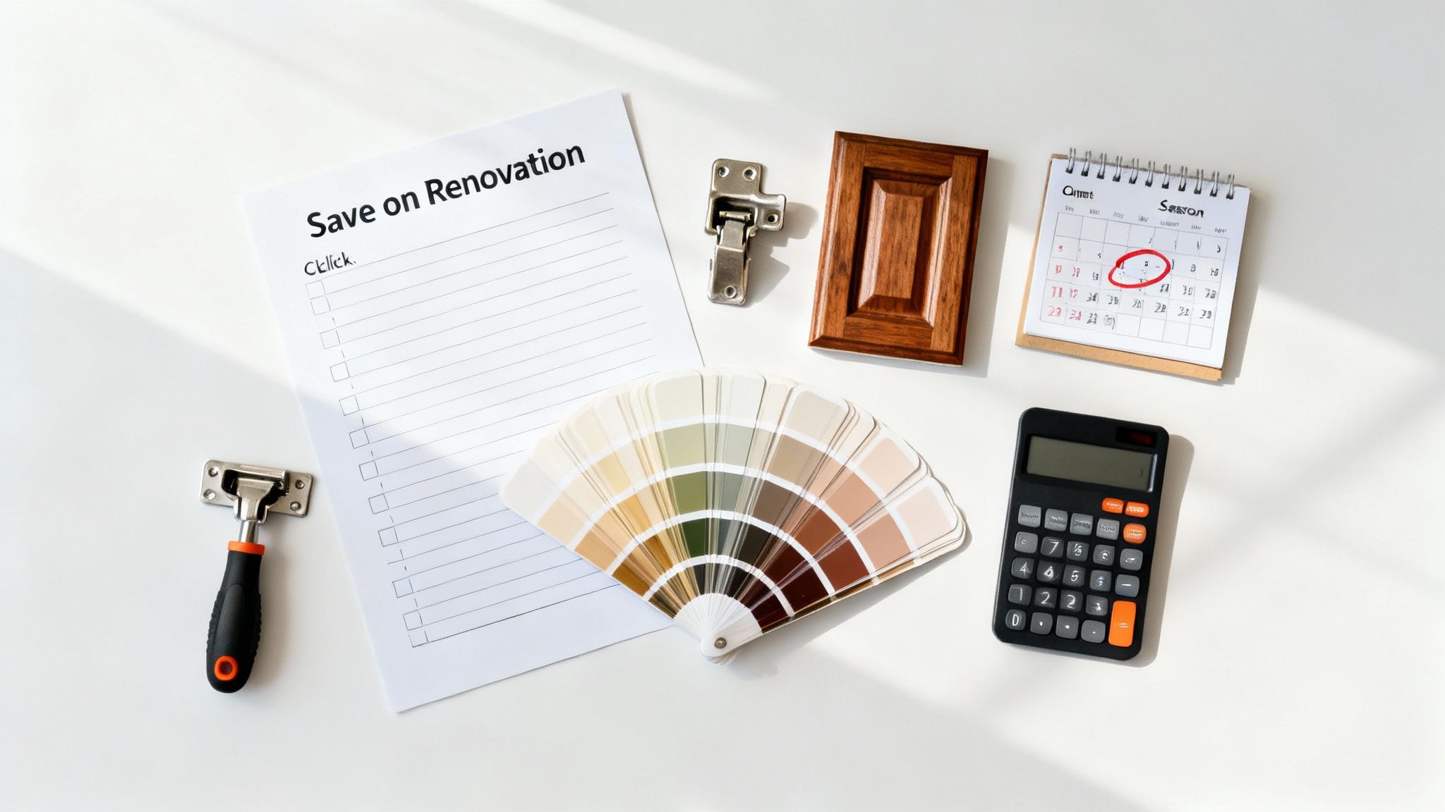 A flat lay of renovation planning essentials: checklist, color fan, calendar, calculator, and cabinet parts.