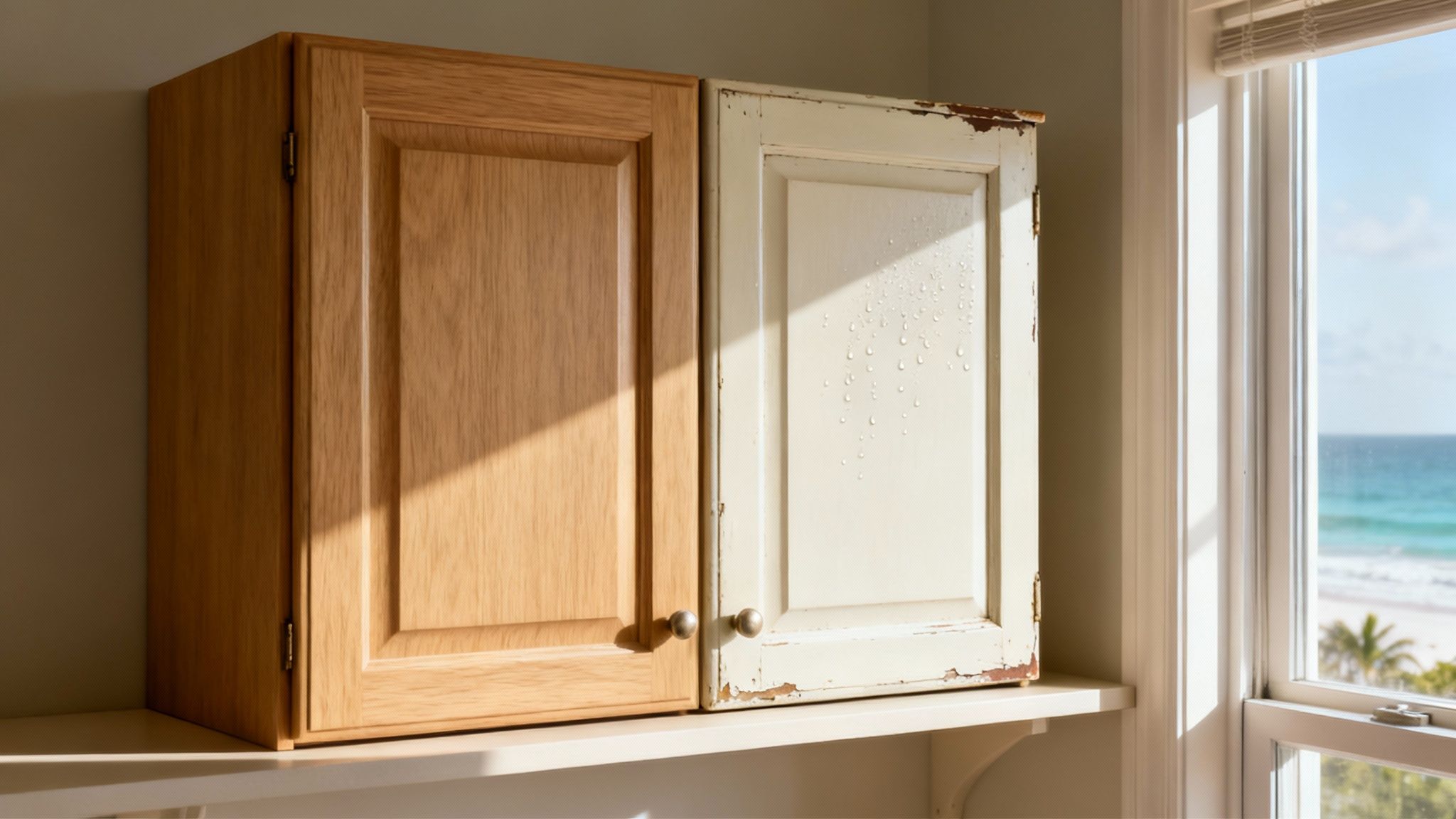 A natural wood cabinet side-by-side with an old, distressed white cabinet with peeling paint.